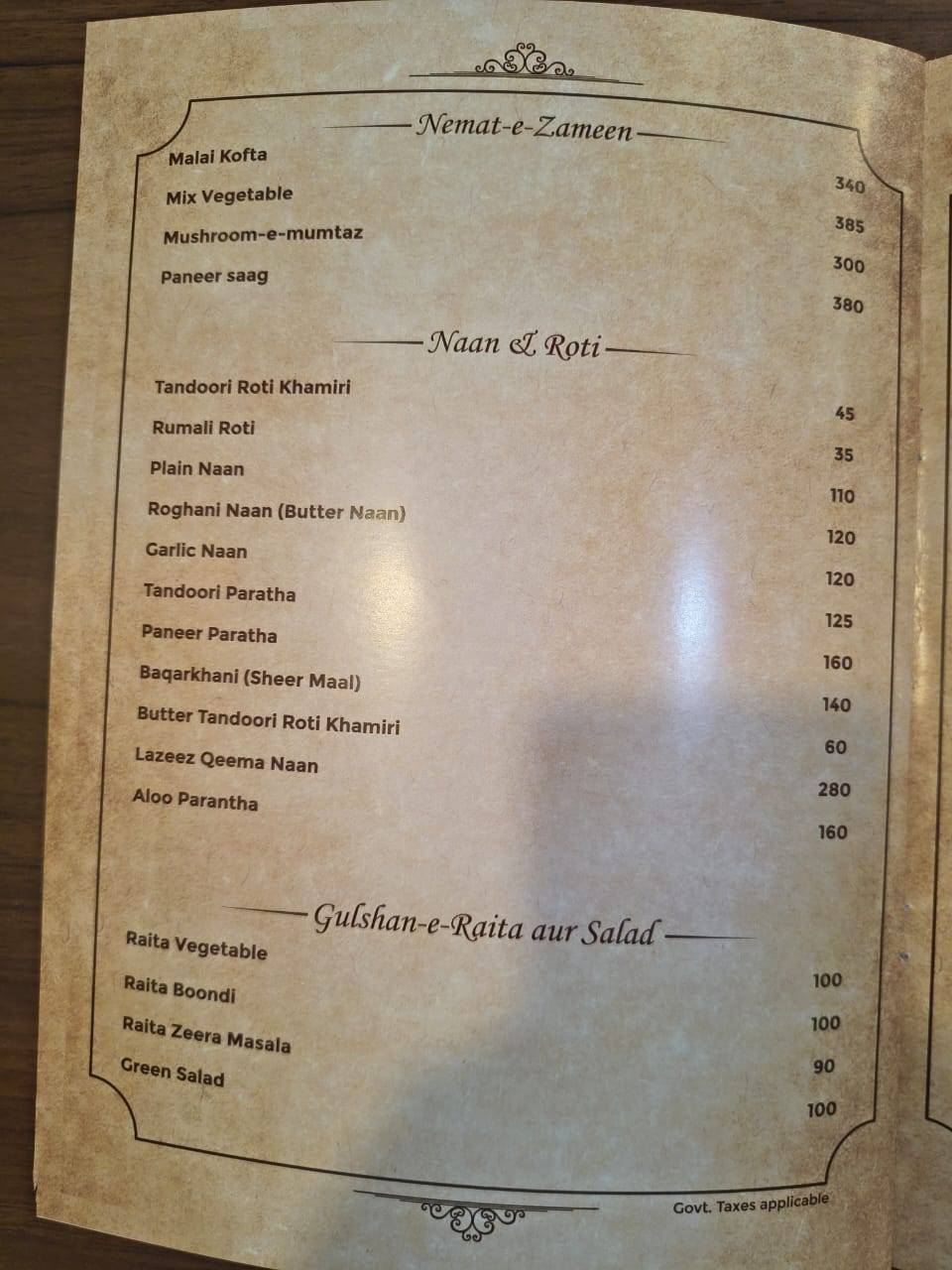 Karim’s Lucknow Lalbagh menu