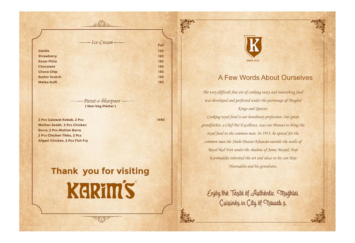 Karim’s Lucknow Lalbagh menu