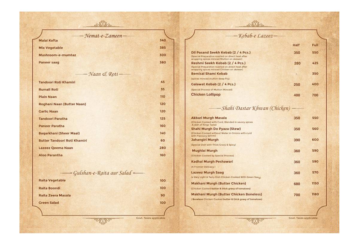 Karim’s Lucknow Lalbagh menu
