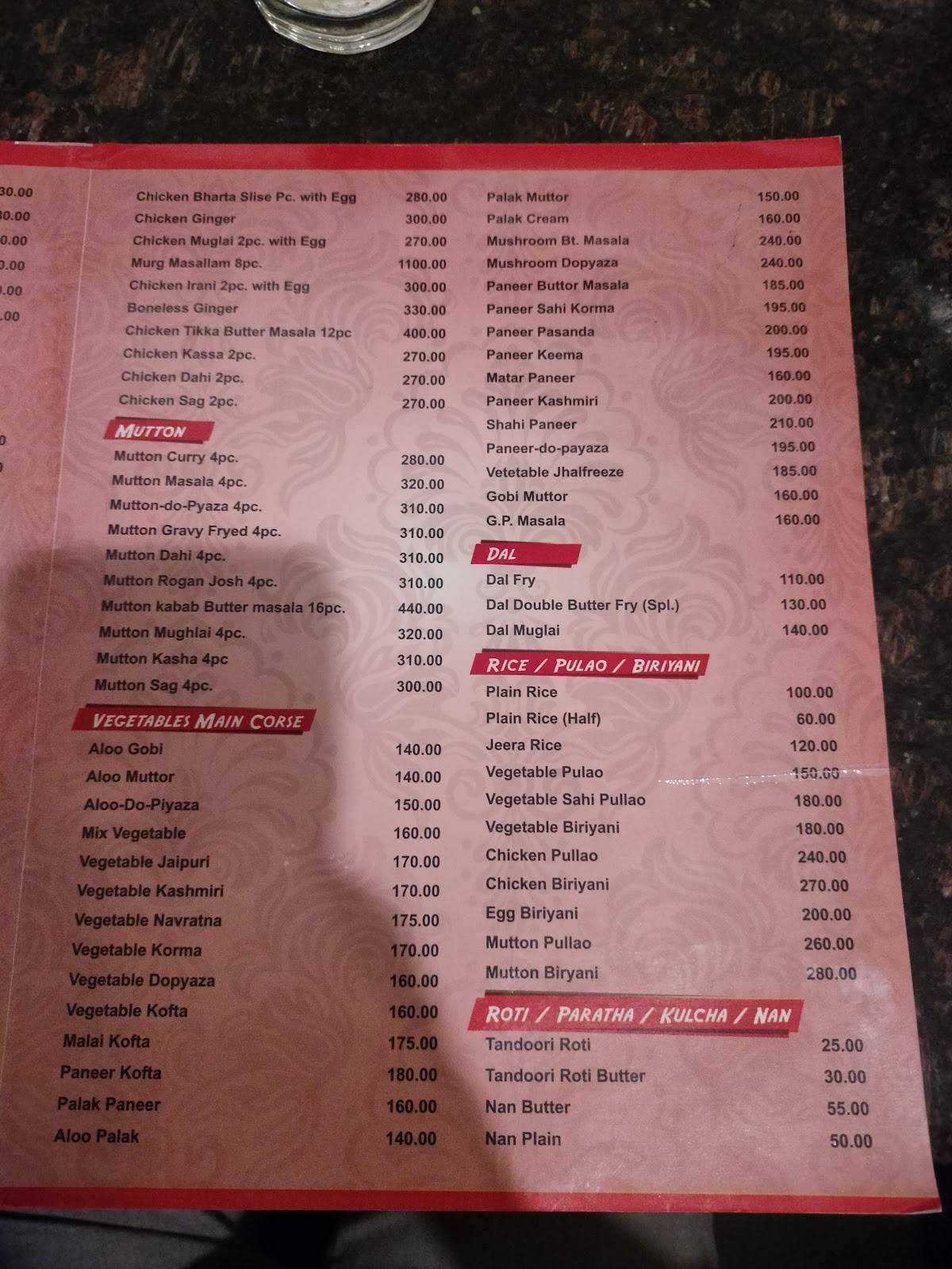 Kathi Kabab menu