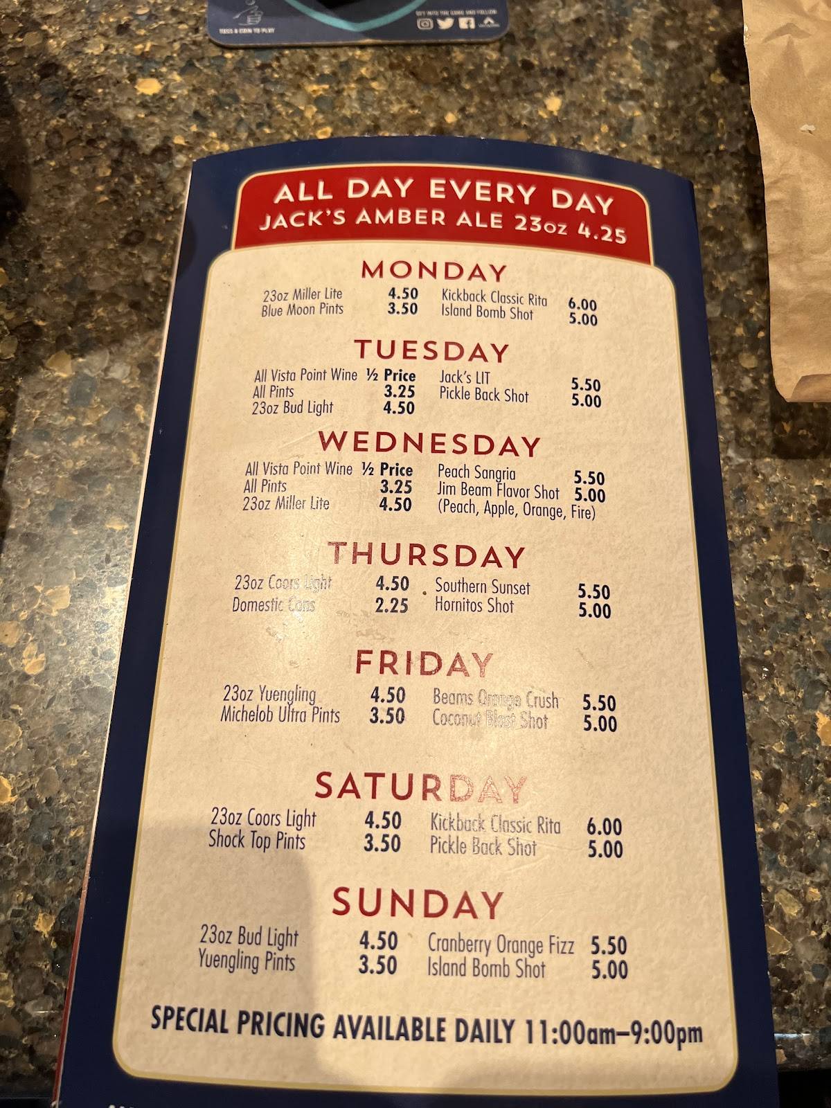 Menu at Kickback Jack's Fredericksburg pub & bar, Fredericksburg