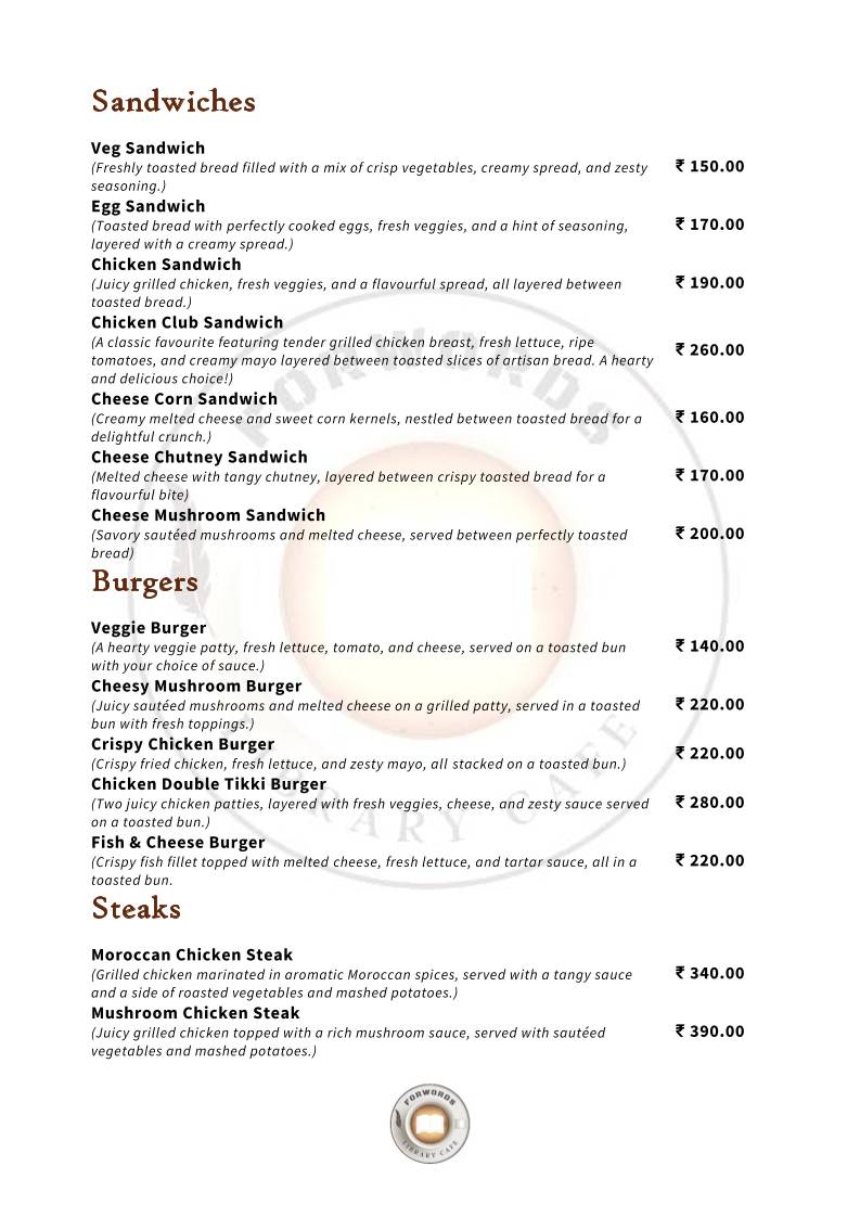 Forwords Library Cafe menu
