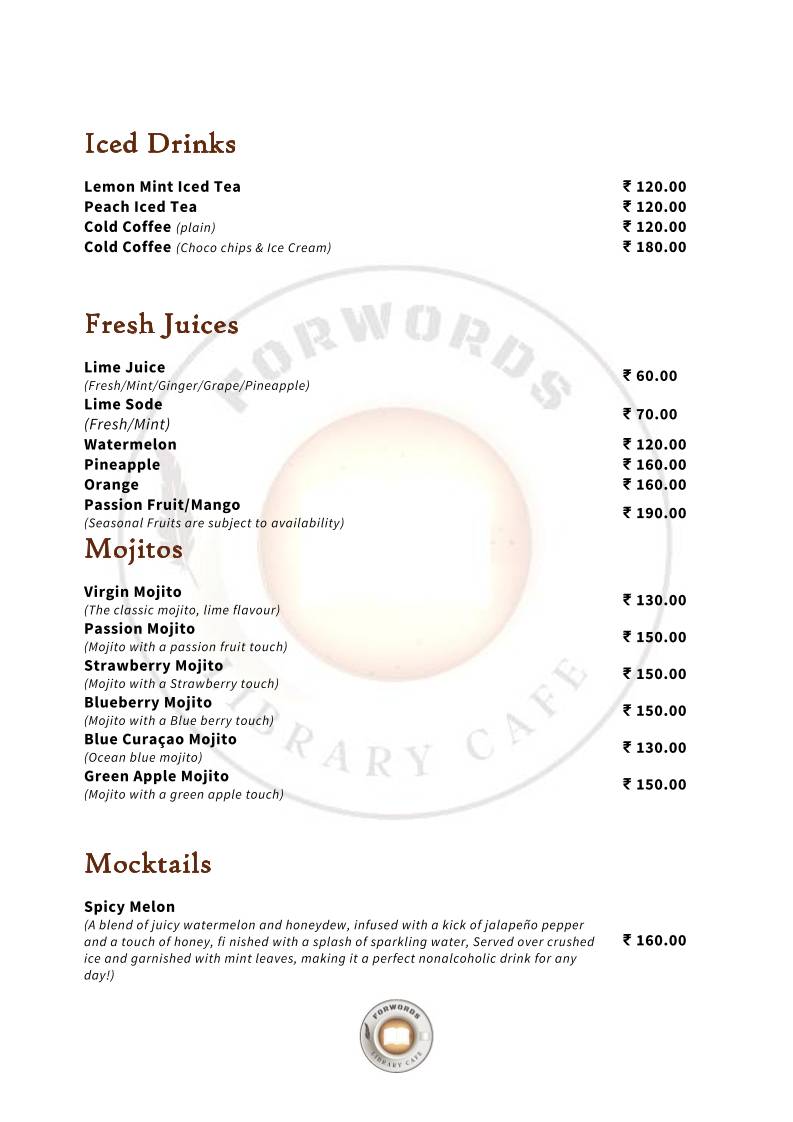 Forwords Library Cafe menu