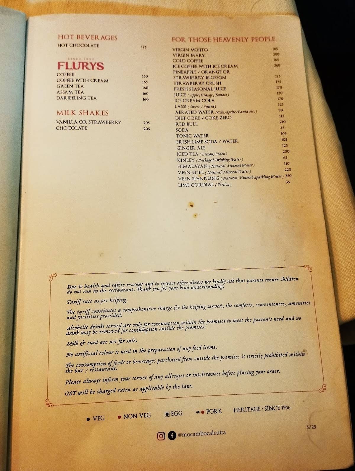 Mocambo Restaurant and Bar menu