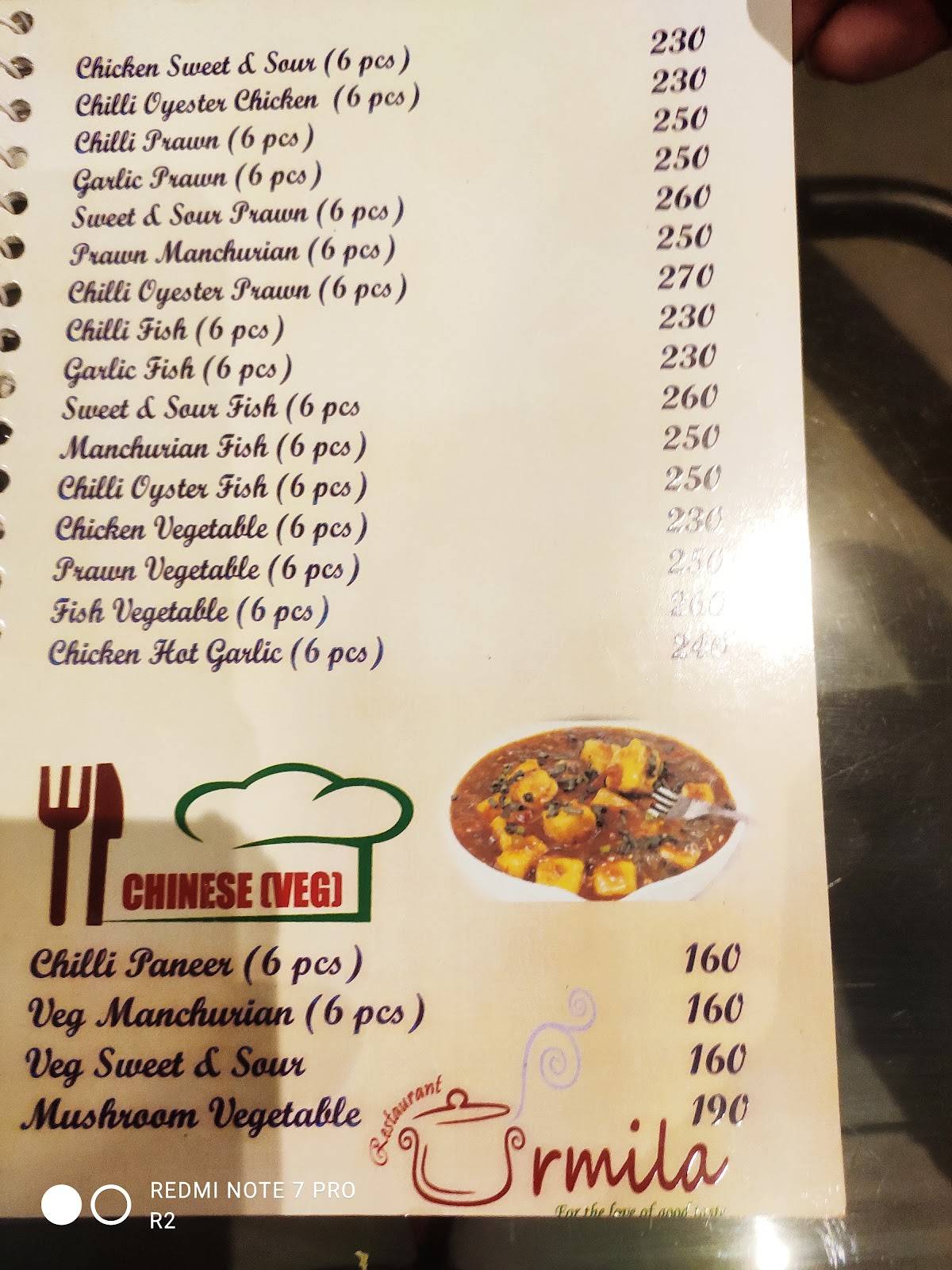 URMILA RESTAURANT menu