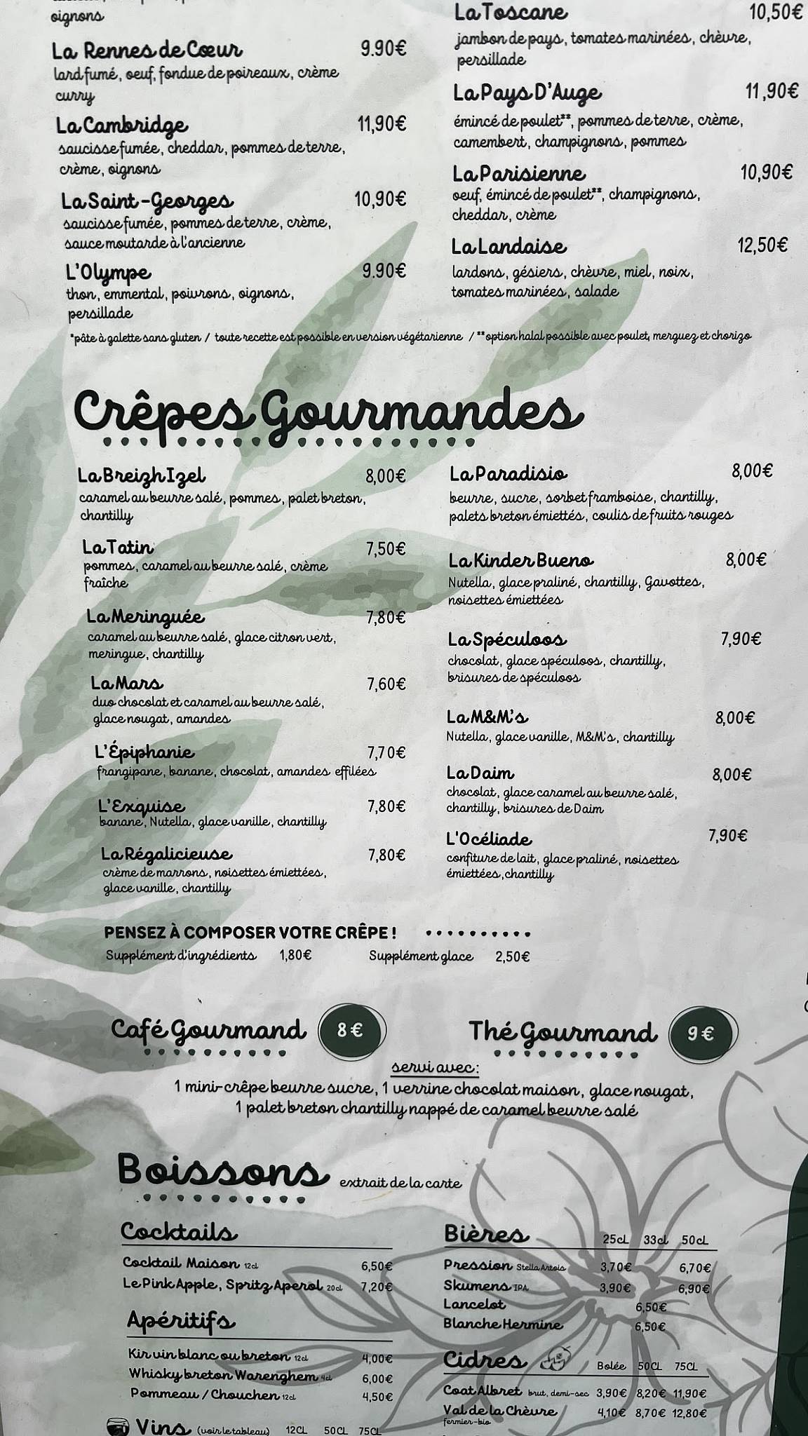 Menu de L'instant Crêperie Rennes