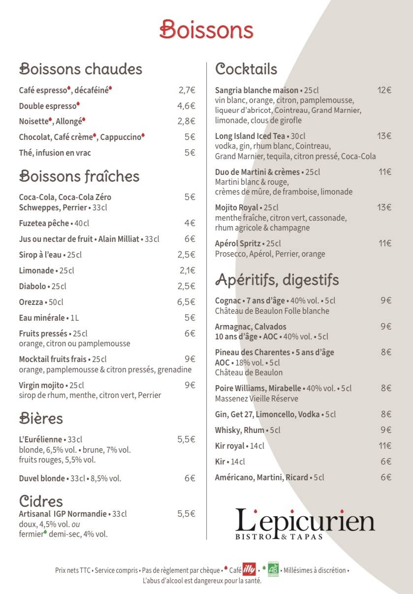 Menu de L'Épicurien