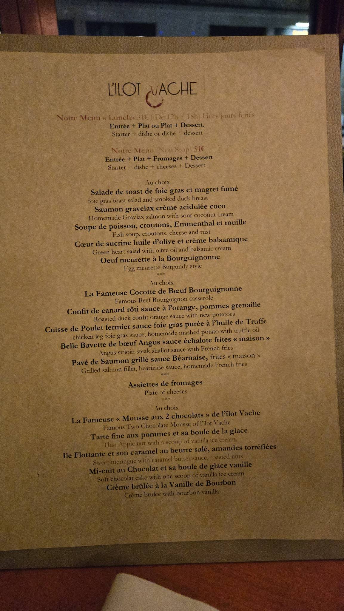 Menu de L'Îlot Vache