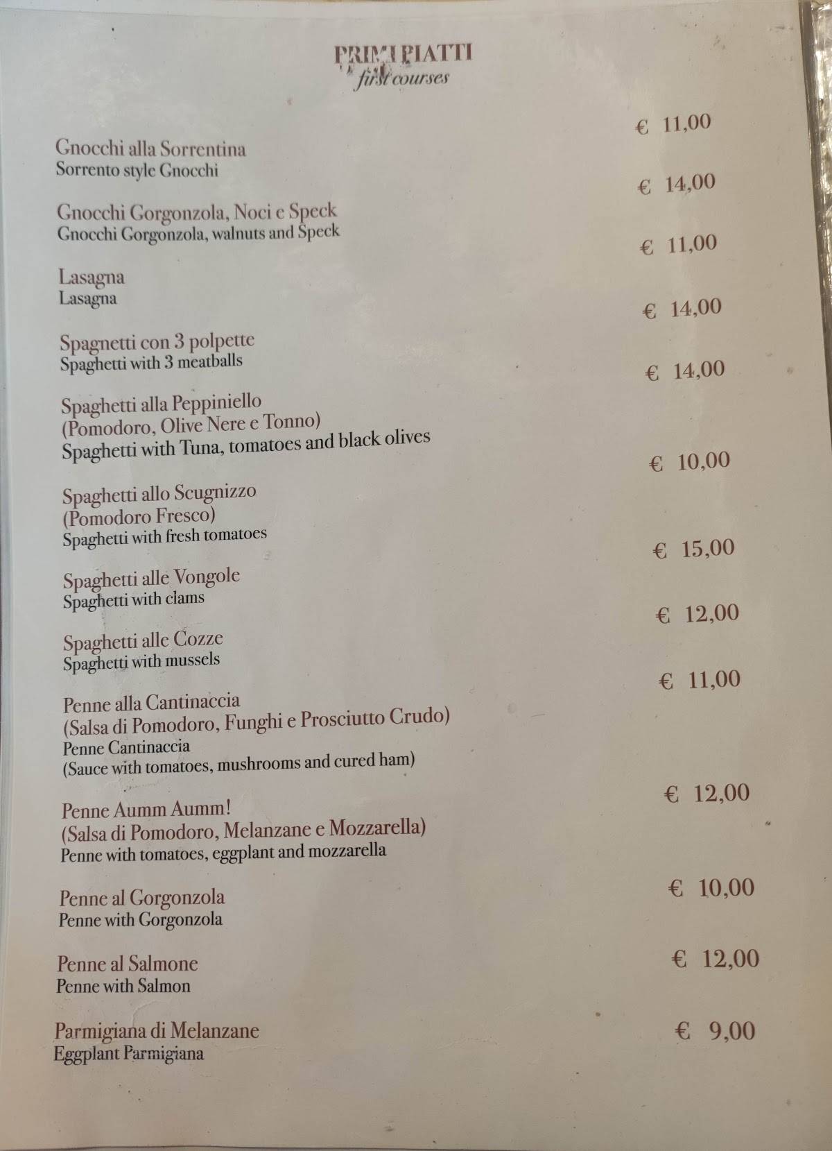 Menu at La Cantinaccia del Popolo restaurant, Sorrento