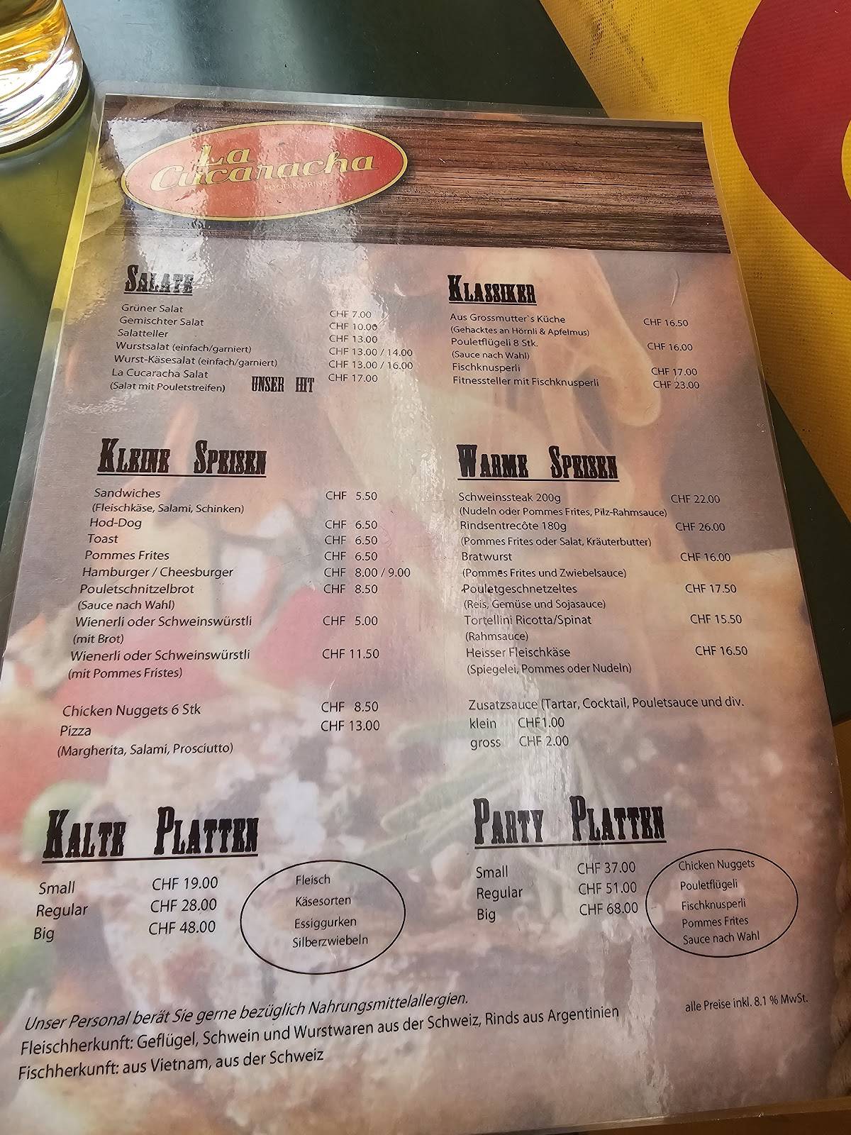 Menu di La Cucaracha 