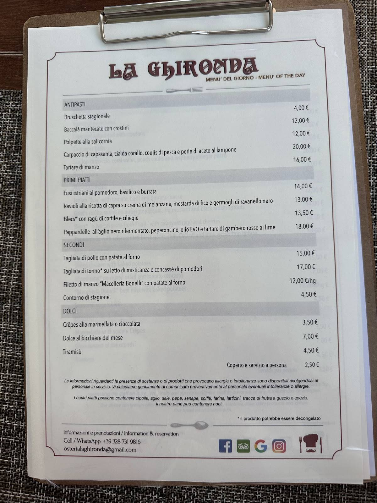 Menu di La Ghironda 
