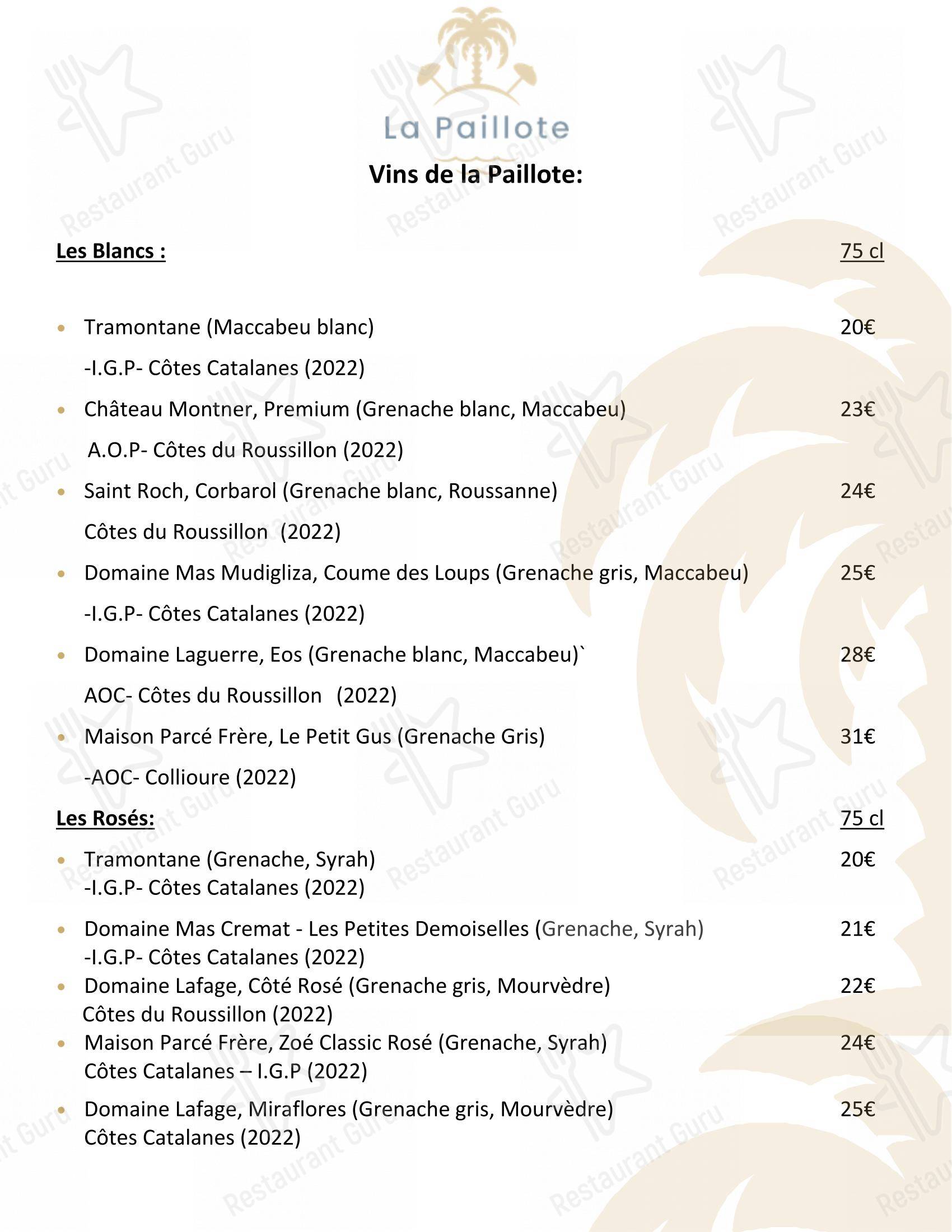 Menu pour La Paillote restaurant