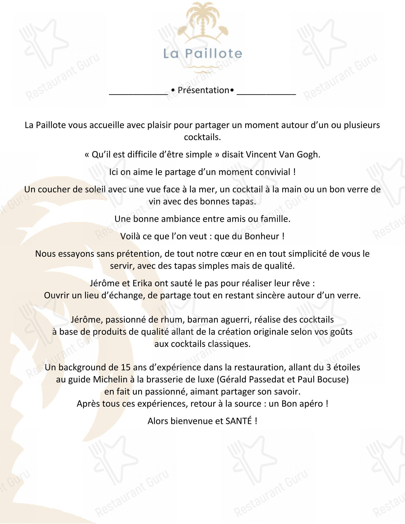 Menu pour La Paillote dans Canet-en-Roussillon