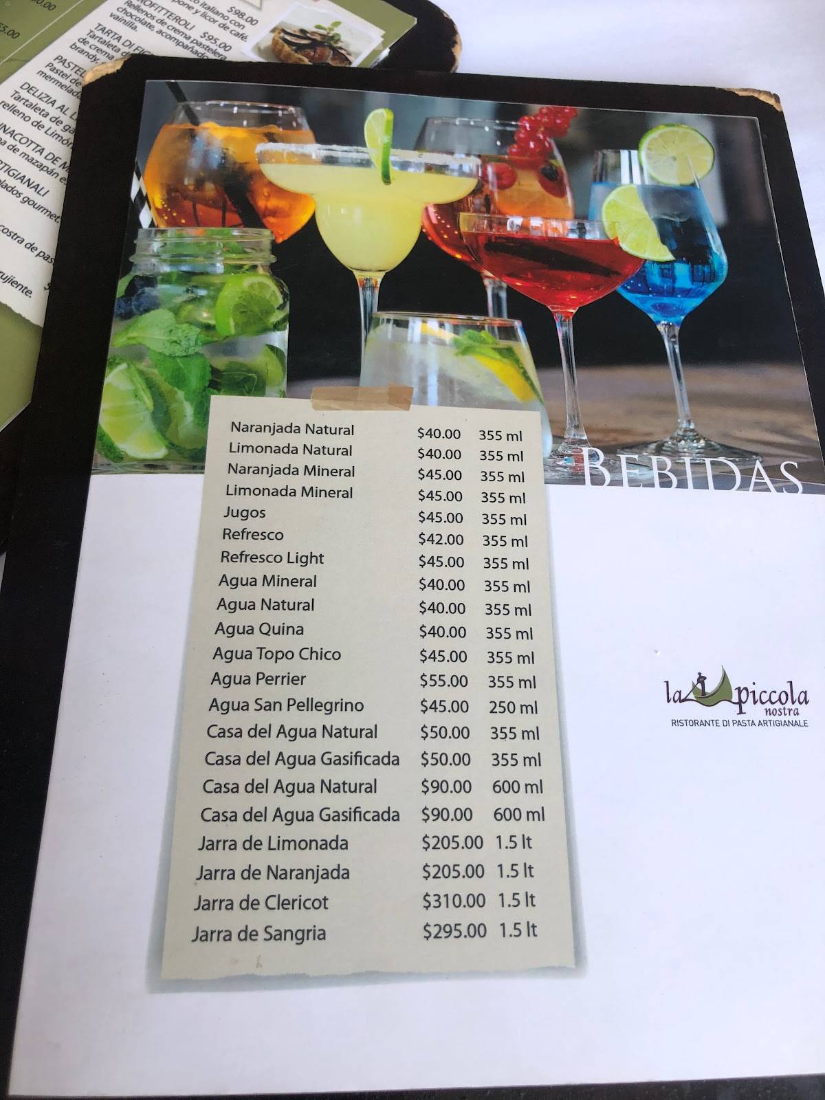 Carta del restaurante La Piccola Italia, Heroica Puebla del Zaragoza