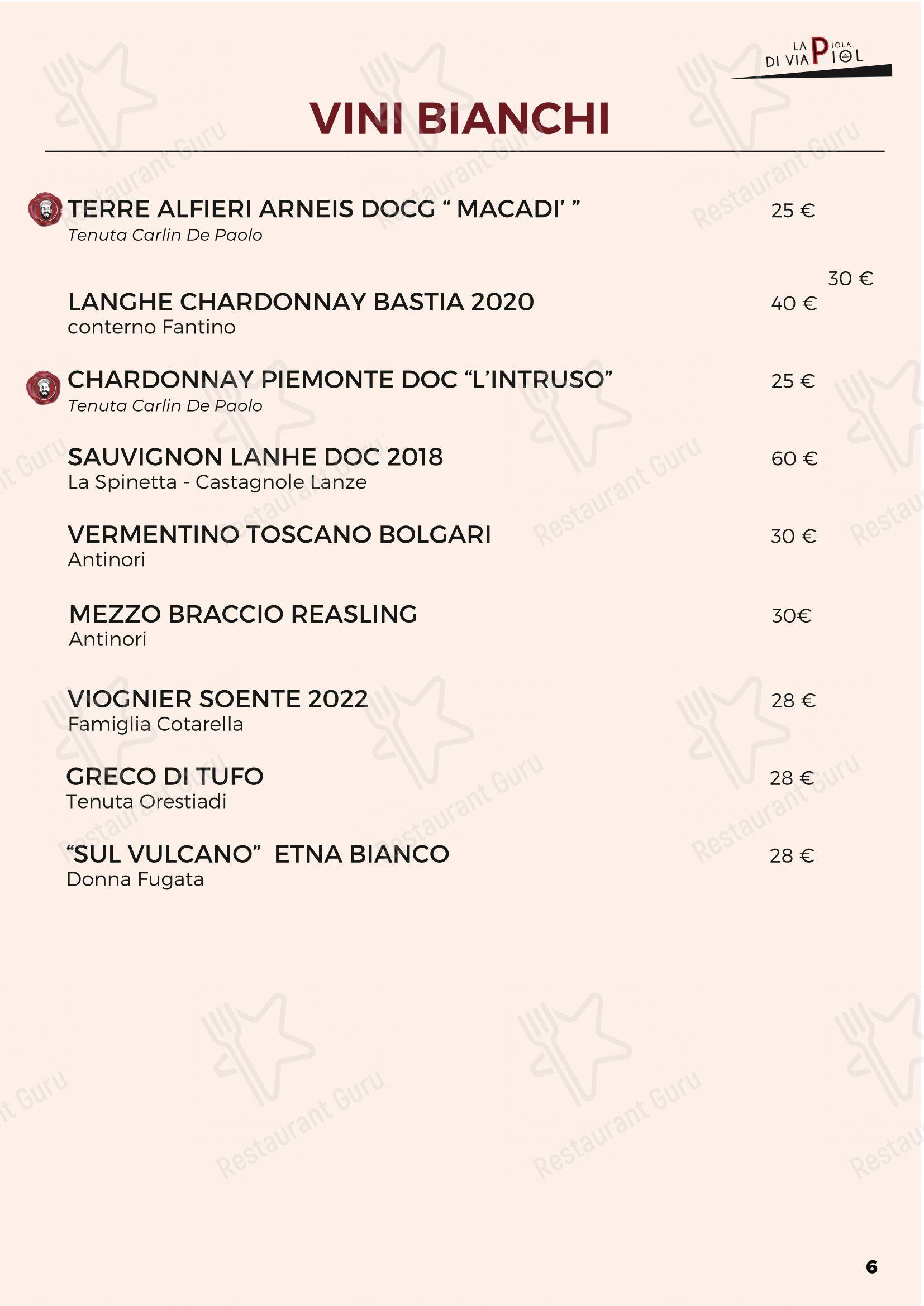 Menu bar per La Piola Di Via Piol in Rivoli