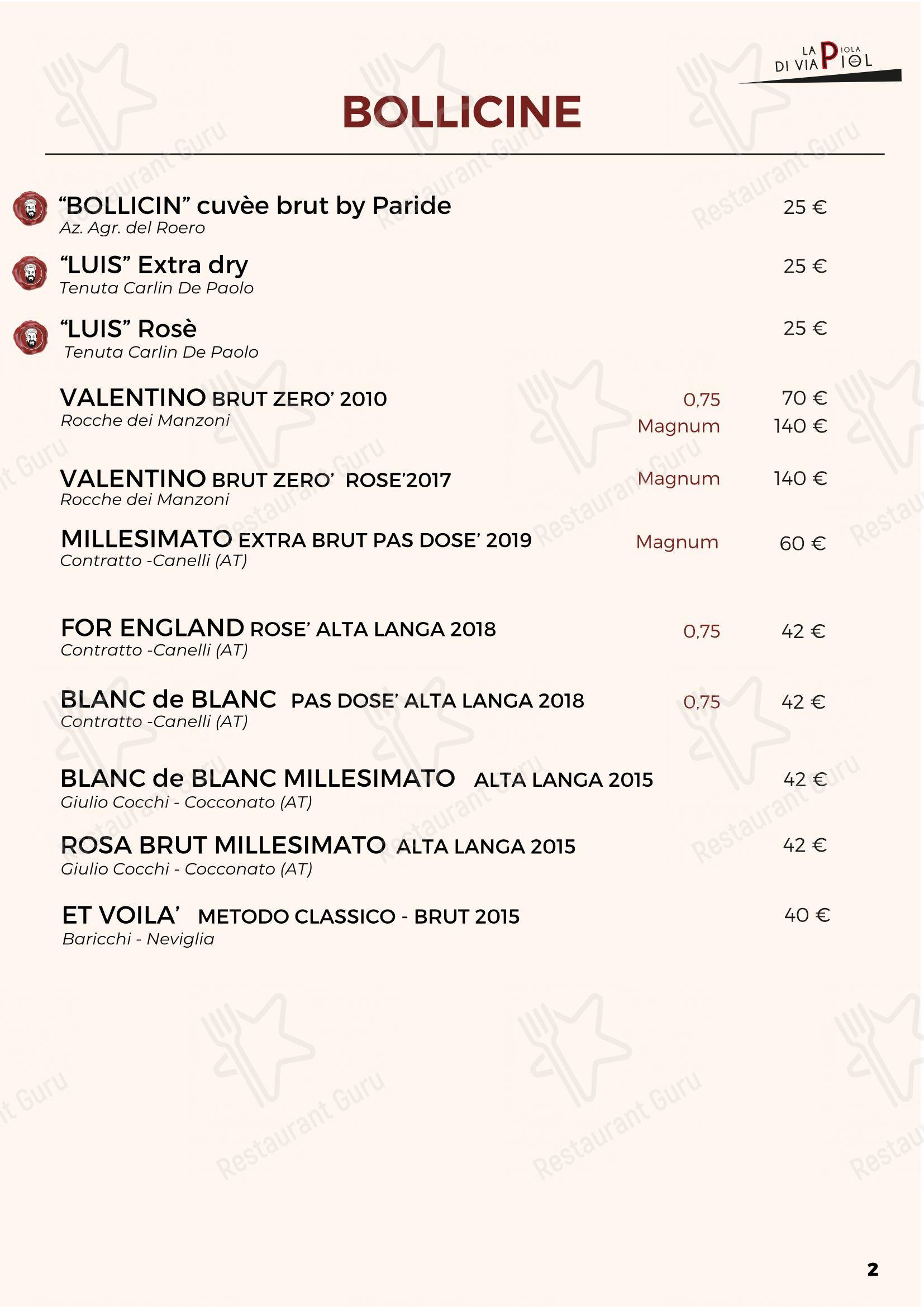 Menu bar per La Piola Di Via Piol ristorante