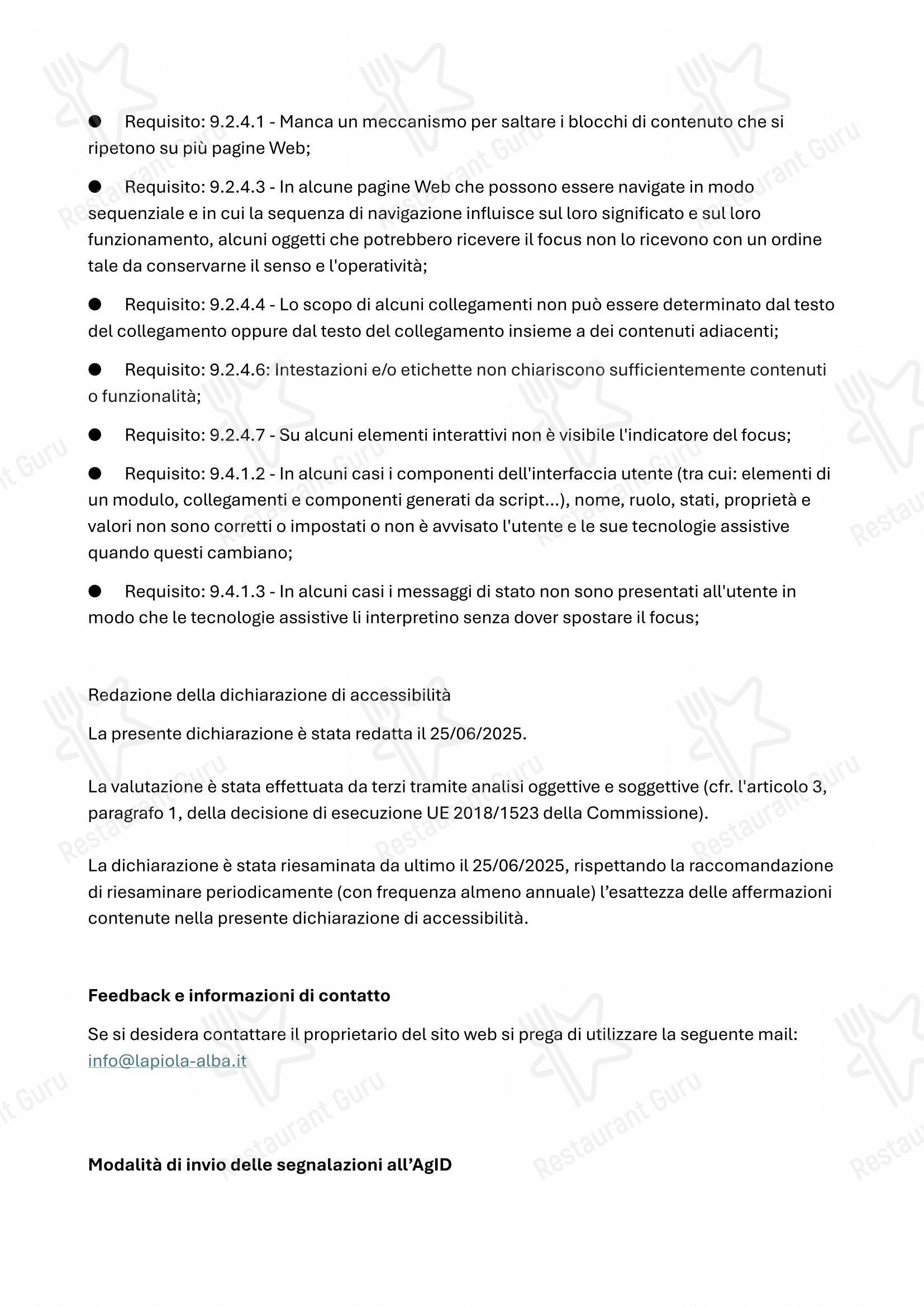 Основное меню per La Piola ristorante