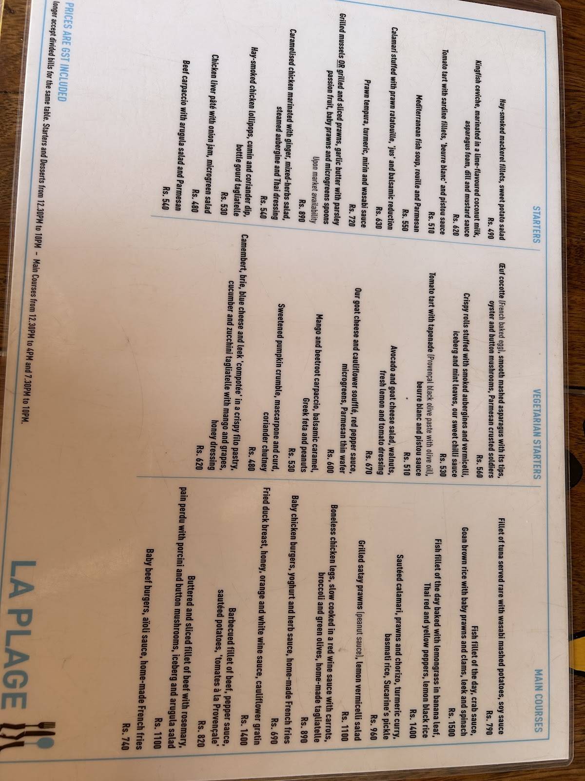 La Plage menu