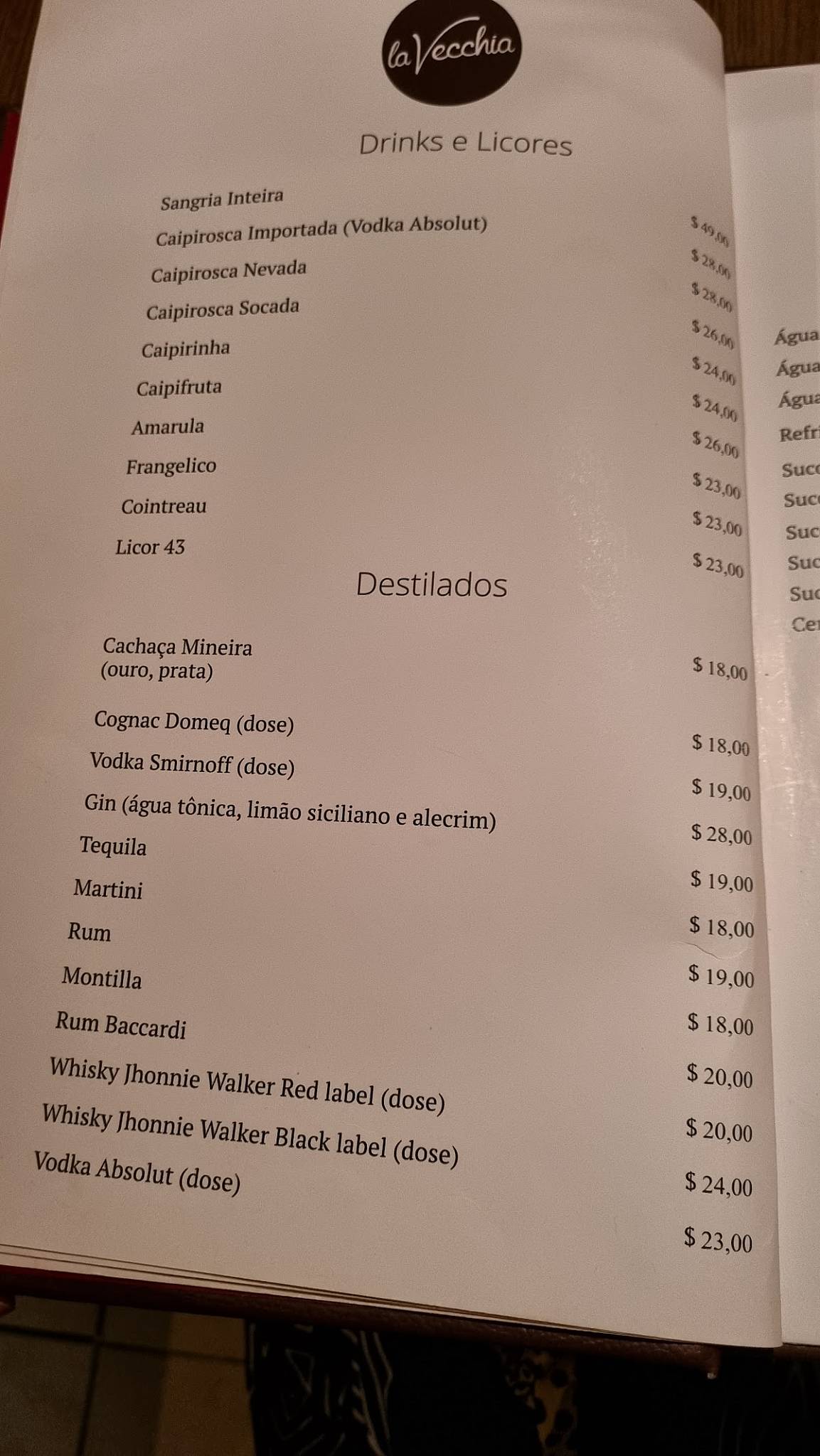 La Vecchia cardápio