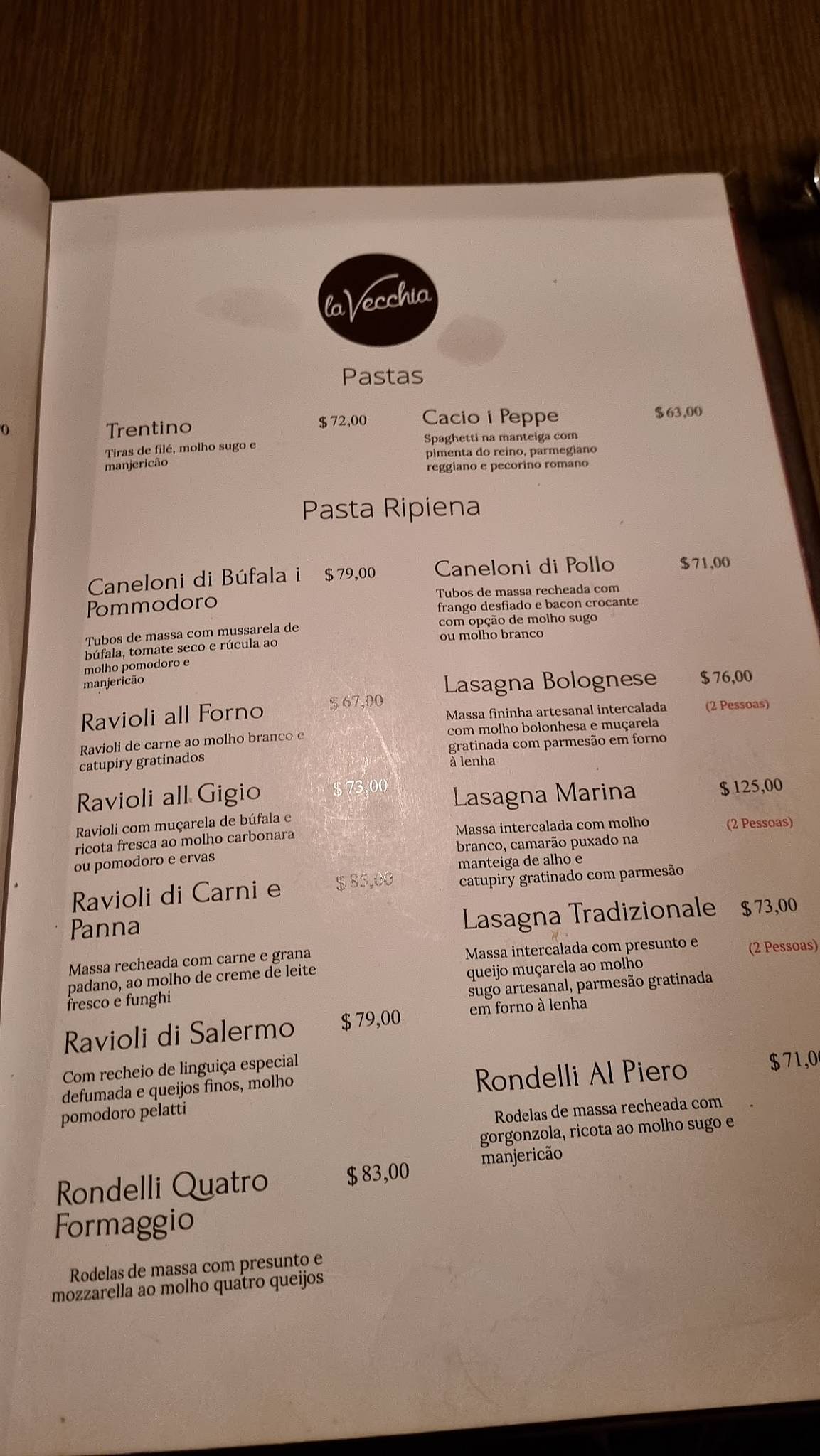 La Vecchia cardápio