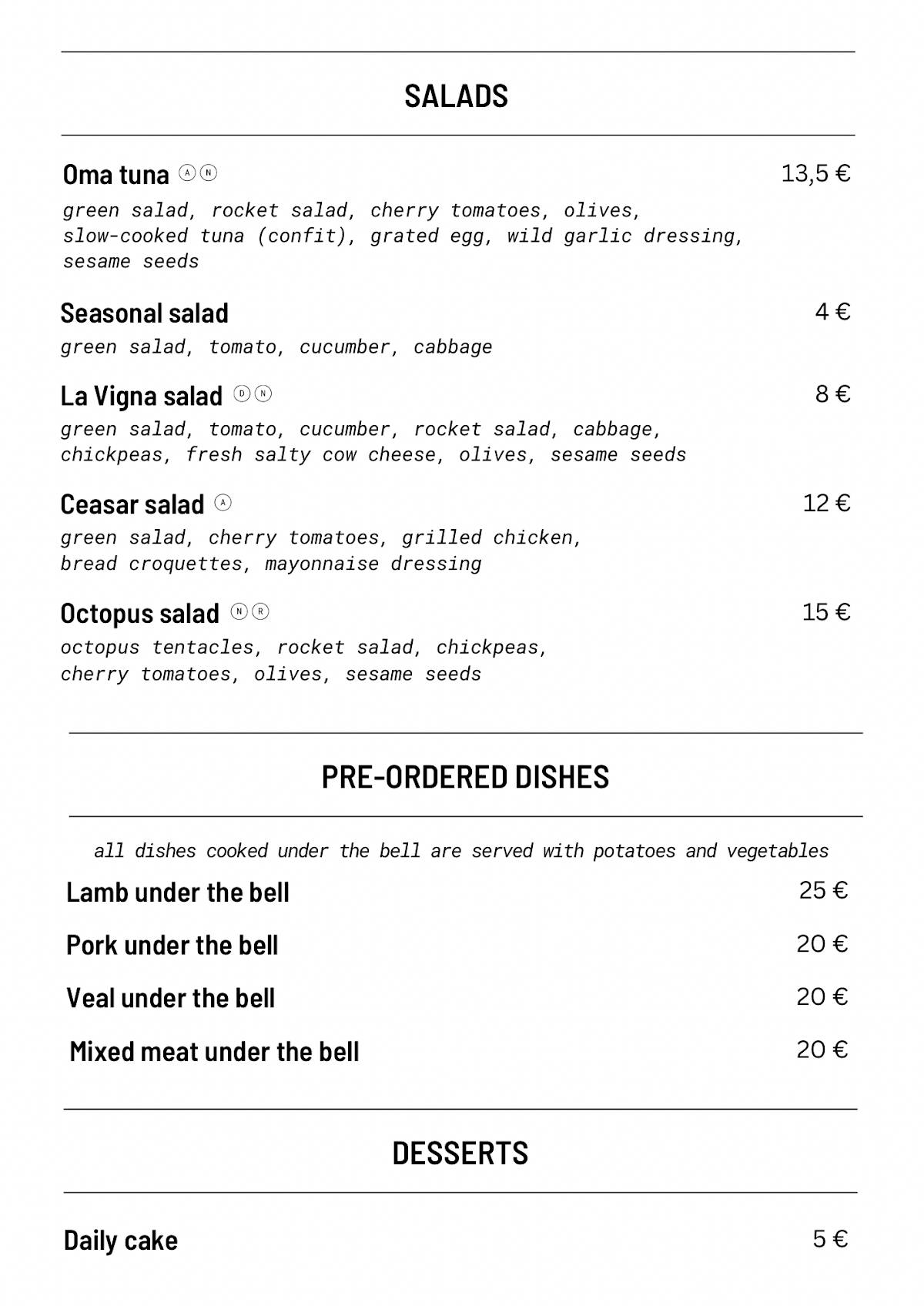 Menu di La Vigna 
