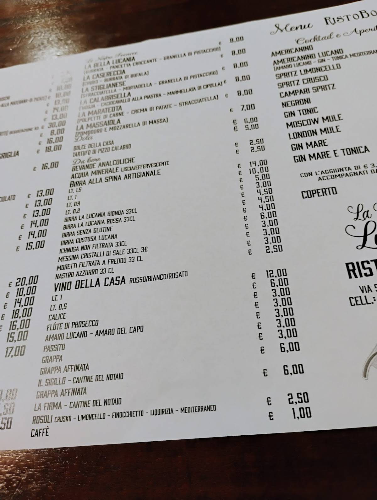 Menu di La bella Lucania RistoBottega 