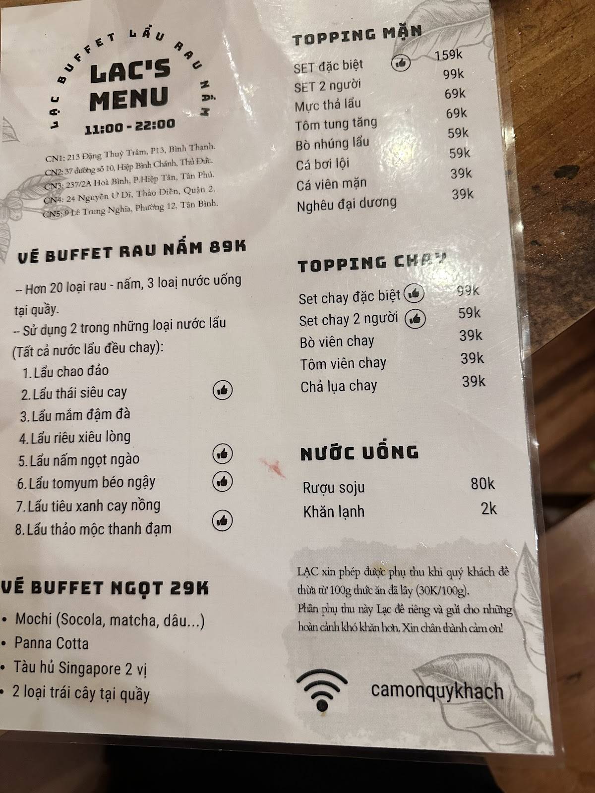 Menu at Lạc - Buffet Lẩu Rau Nấm restaurant, Ho Chi Minh City
