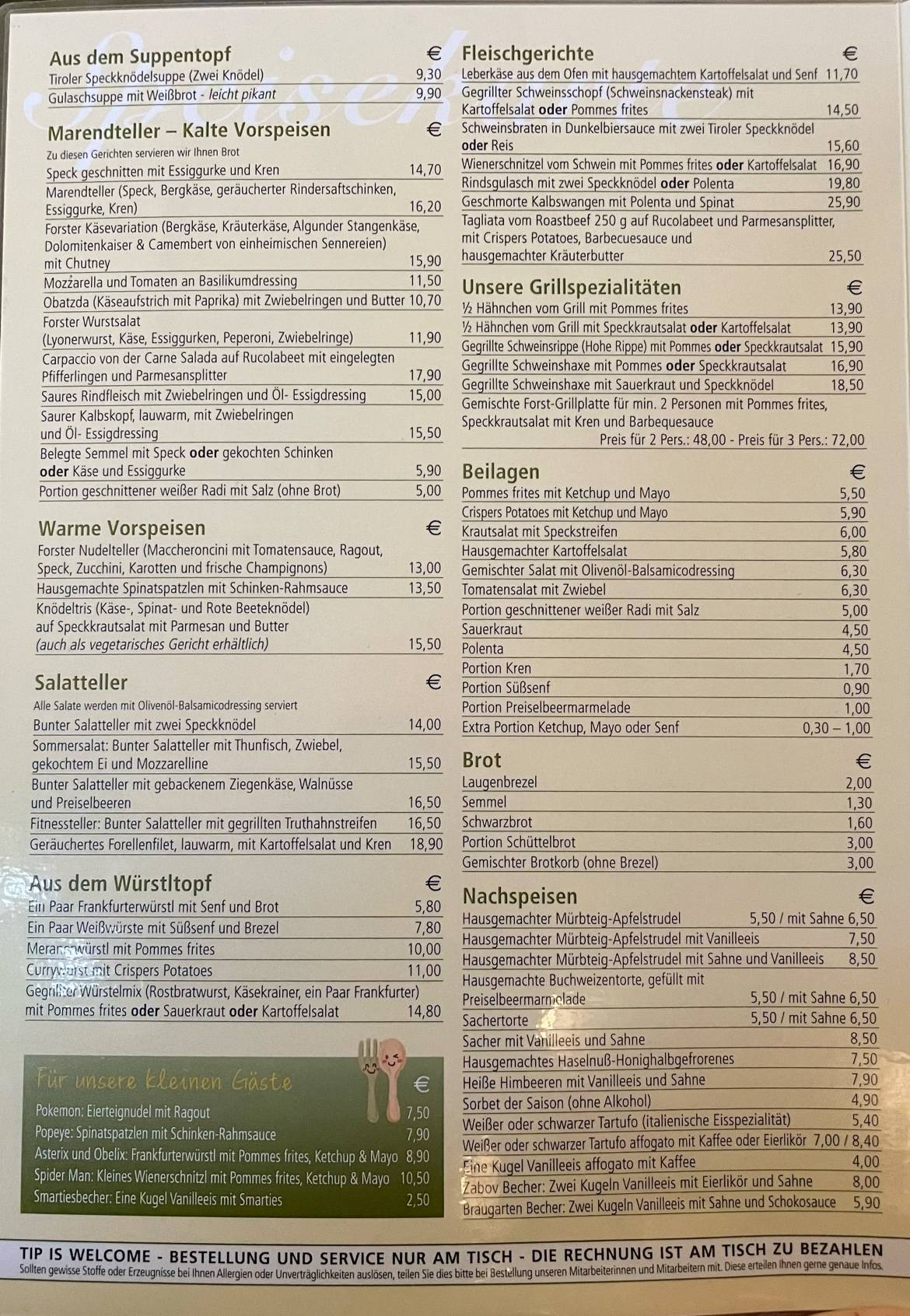 Menu di Bräustüberl FORST 