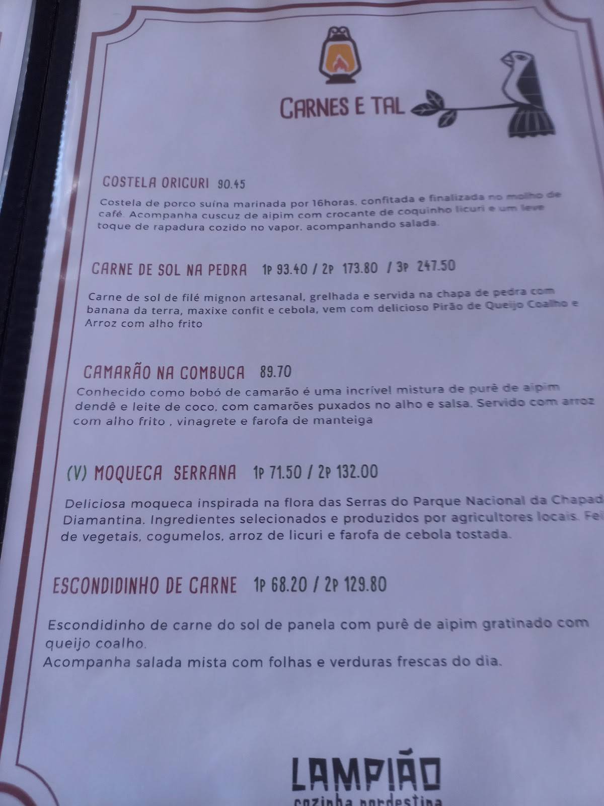 Lampião Culinária Nordestina cardápio