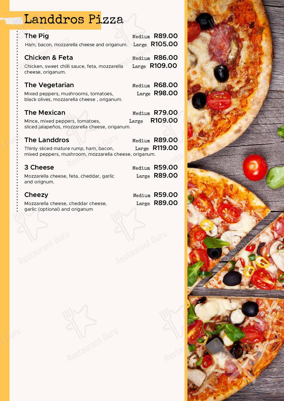 Menu pour Landdros Pub - plats et boissons