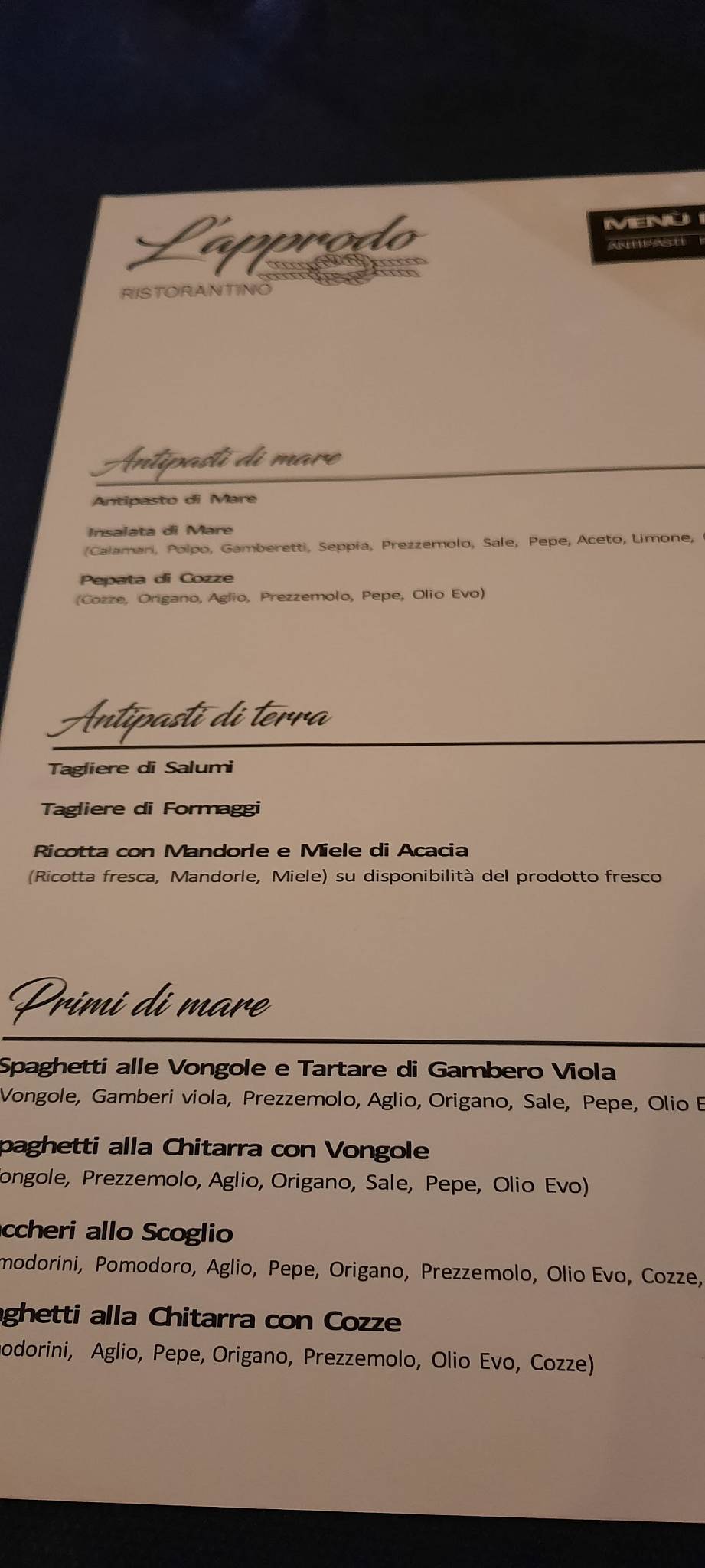 Menu de L'approdo Ristorante di Pesce - San Foca