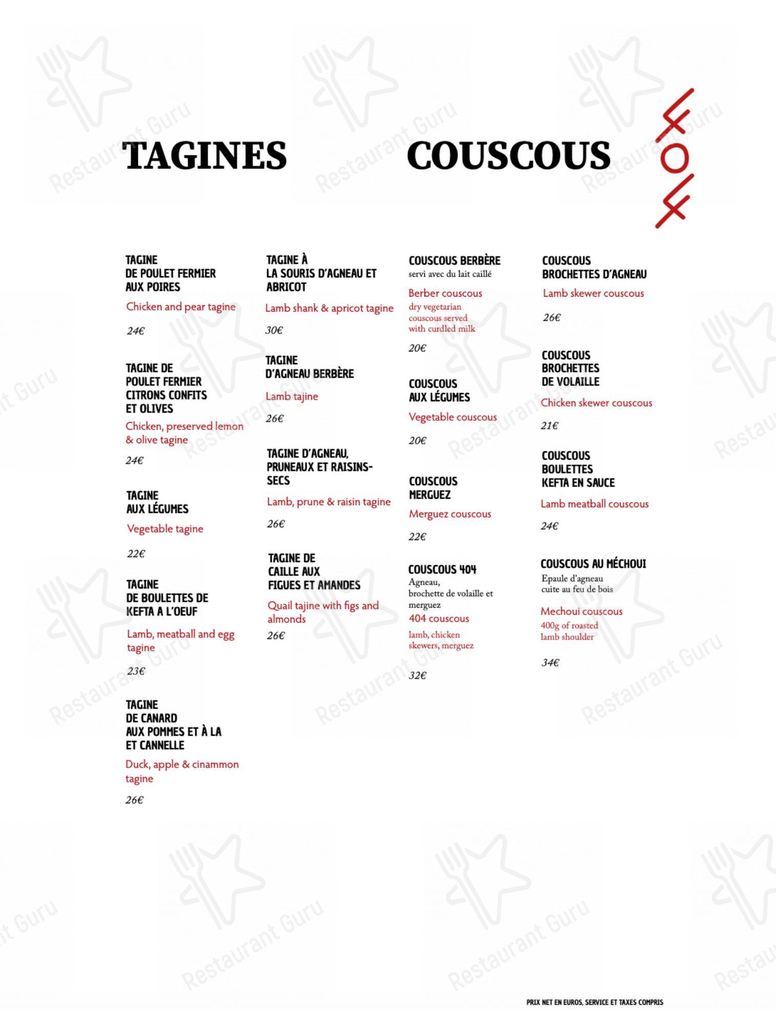 Menu pour Le 404 restaurant