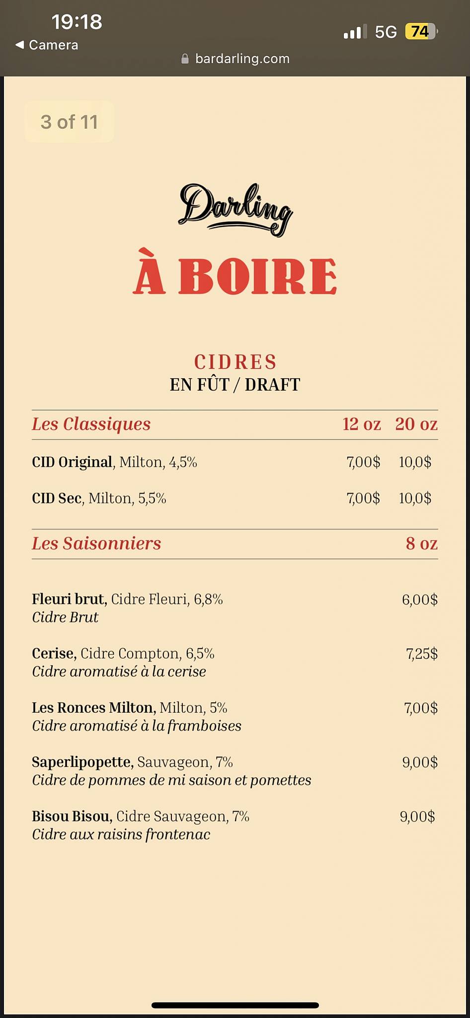 Menu de Le Bar Darling