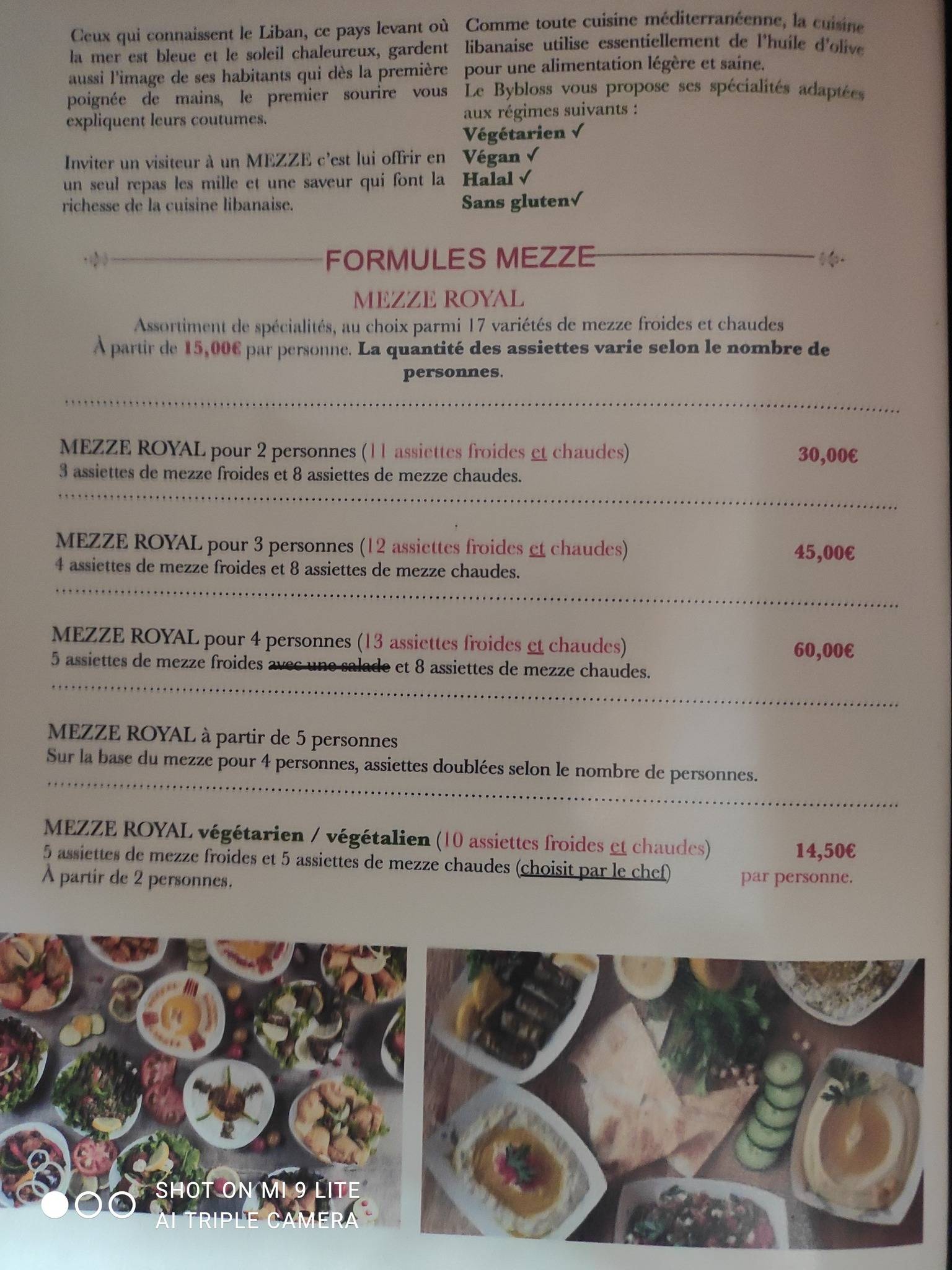 Menu de Le Bybloss