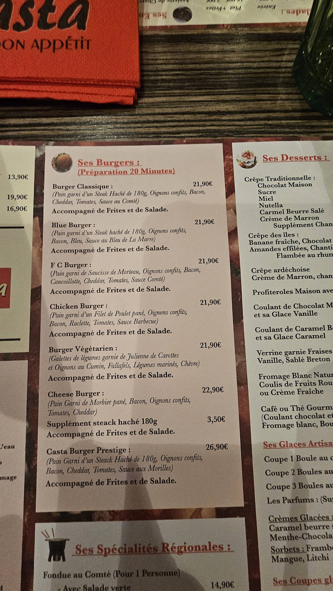 Menu de Le Casta