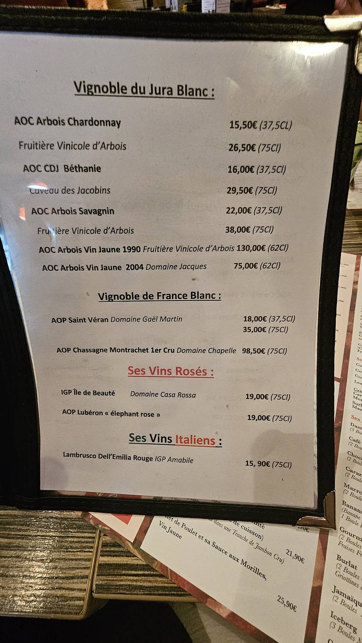 Menu de Le Casta