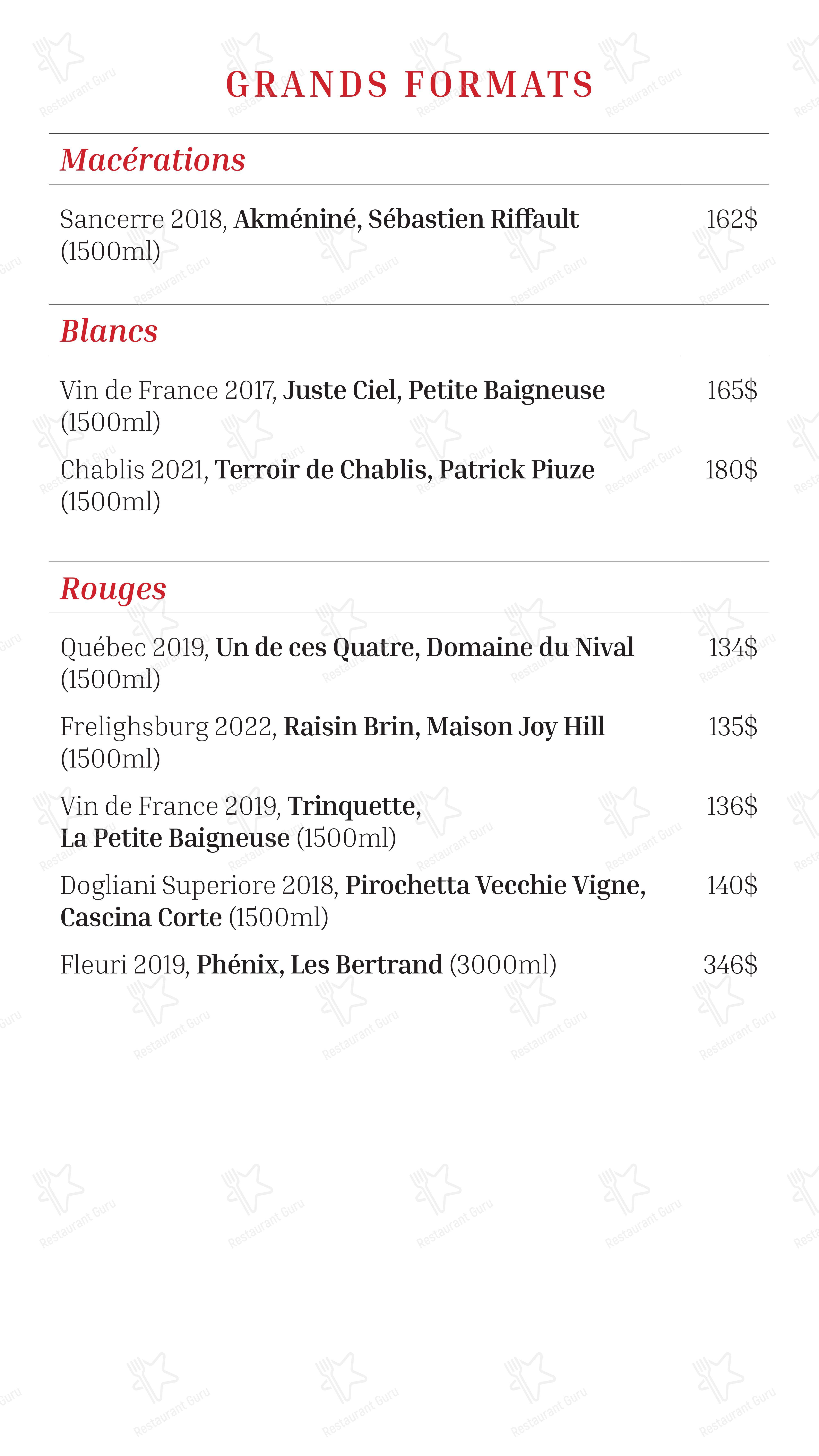 Menu pour Le Bar Darling - Menu