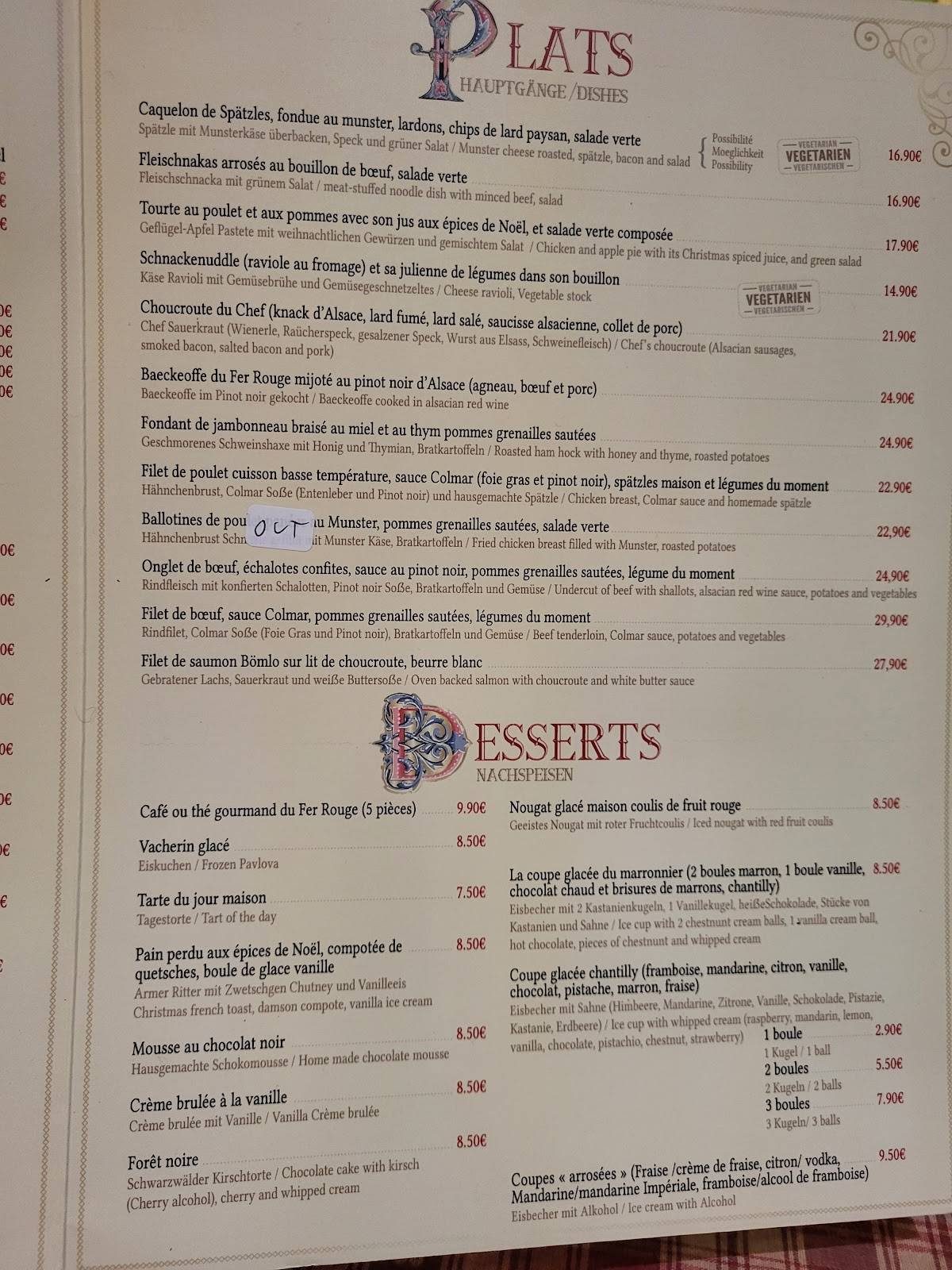 Menu de Le Fer Rouge