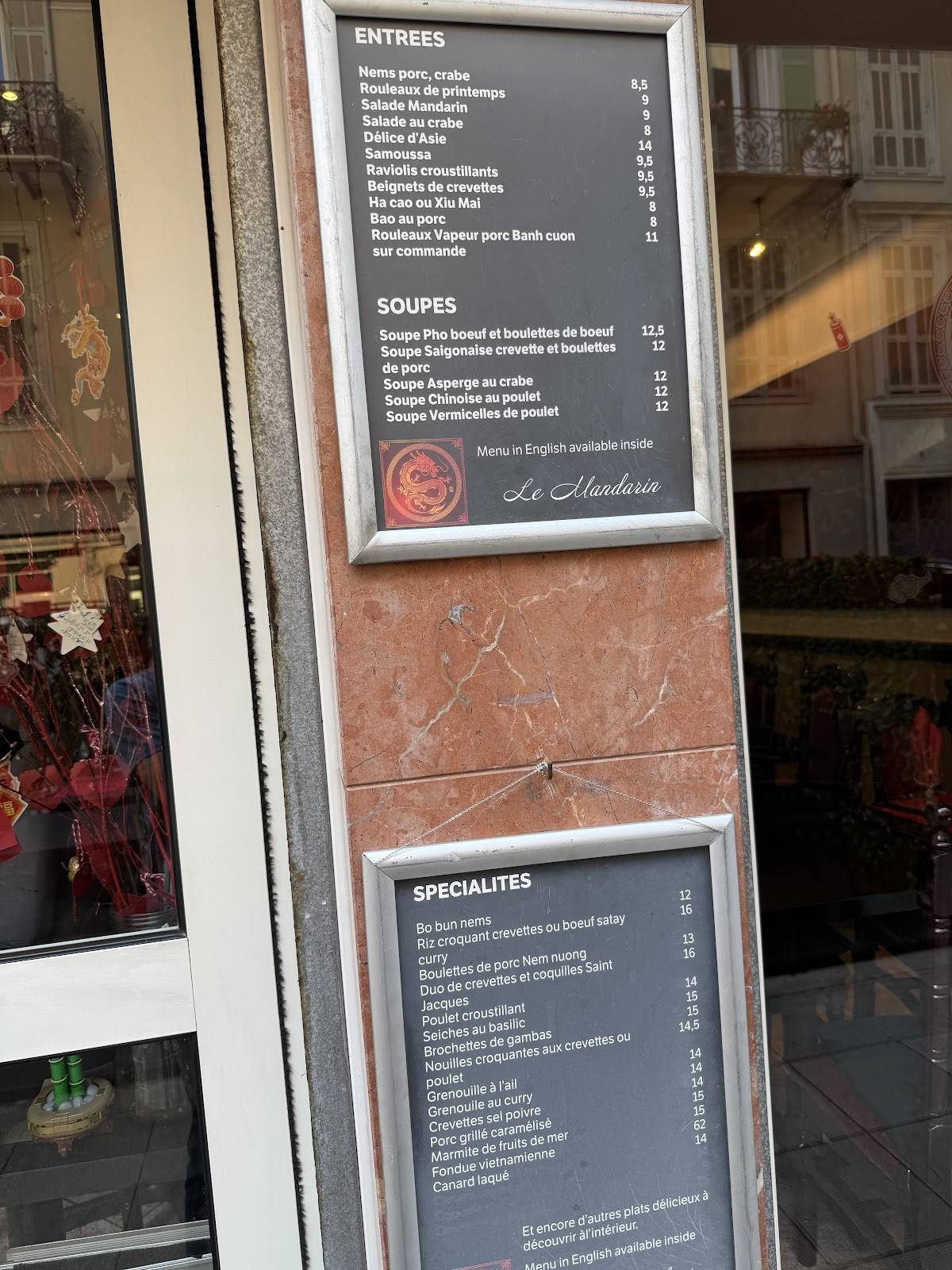 Menu de Le Mandarin