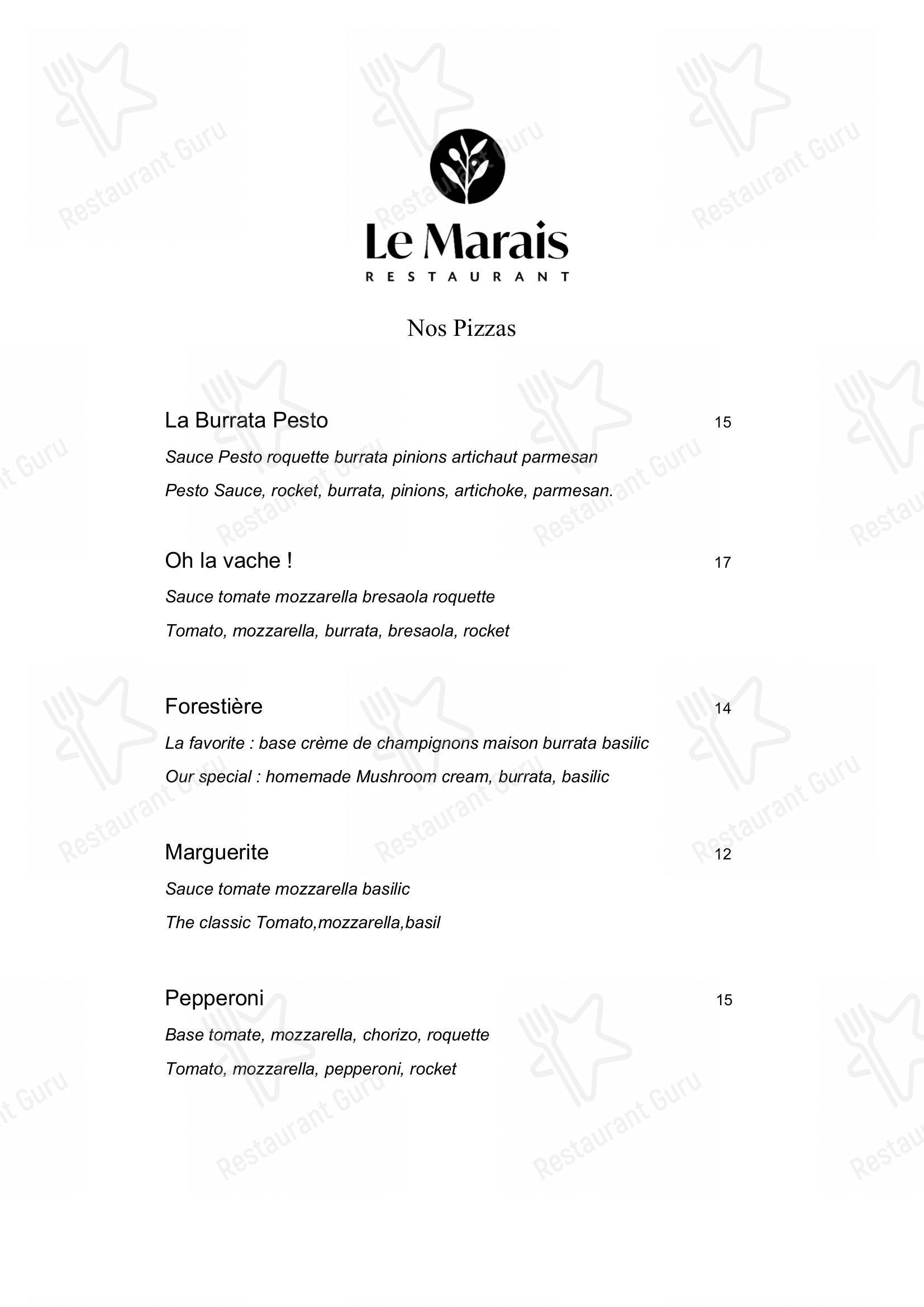 Menu at Le Marais Restaurant Paris, Paris