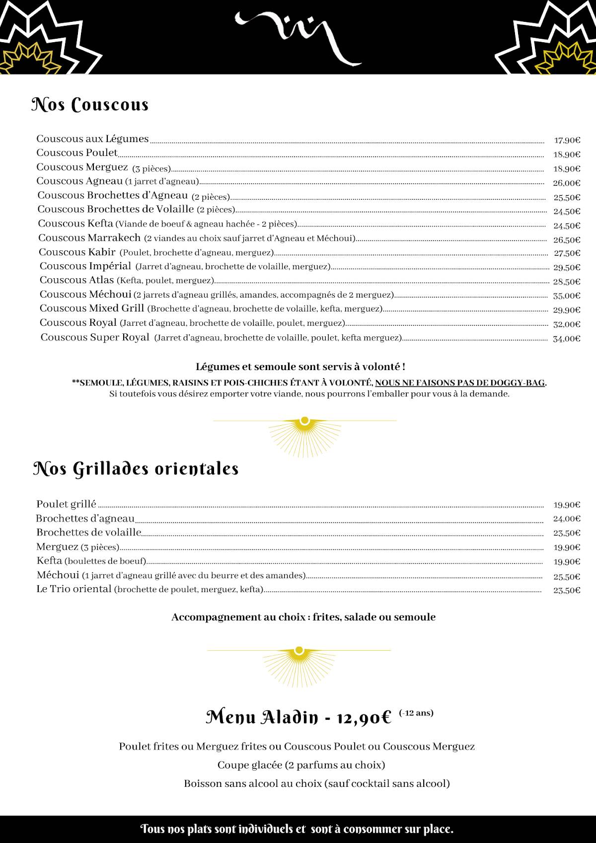 Menu de Le Marrakech