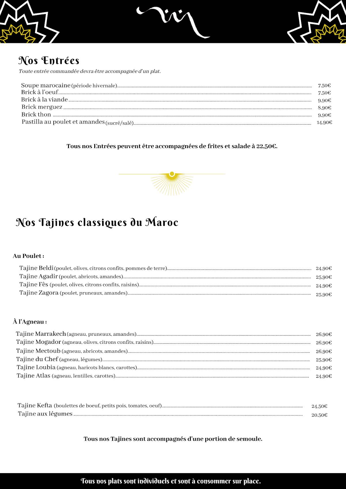 Menu de Le Marrakech
