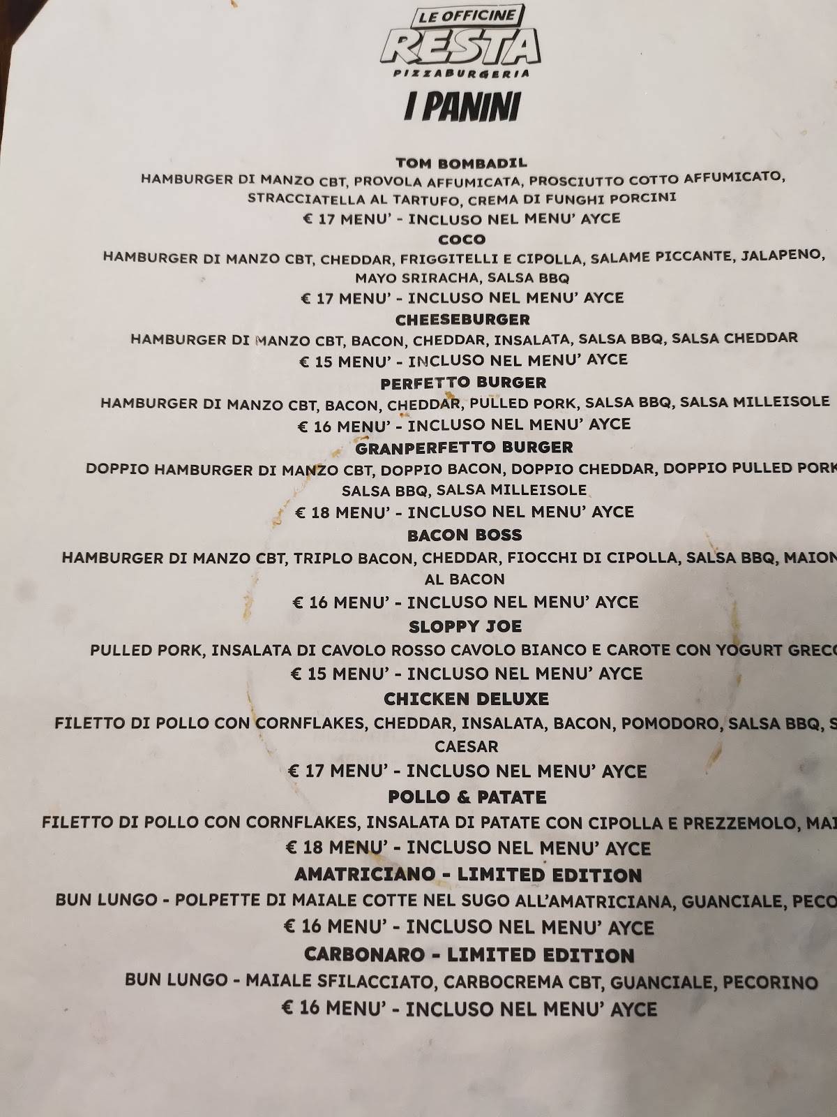 Menu di Le Officine Resta 