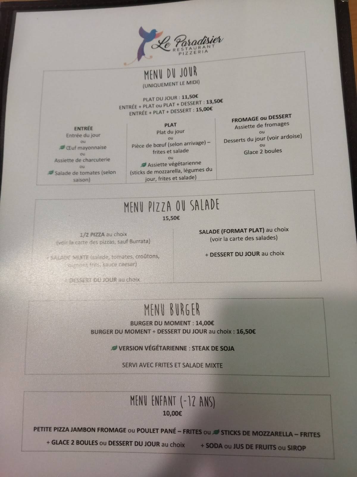 Menu de Le Paradisier