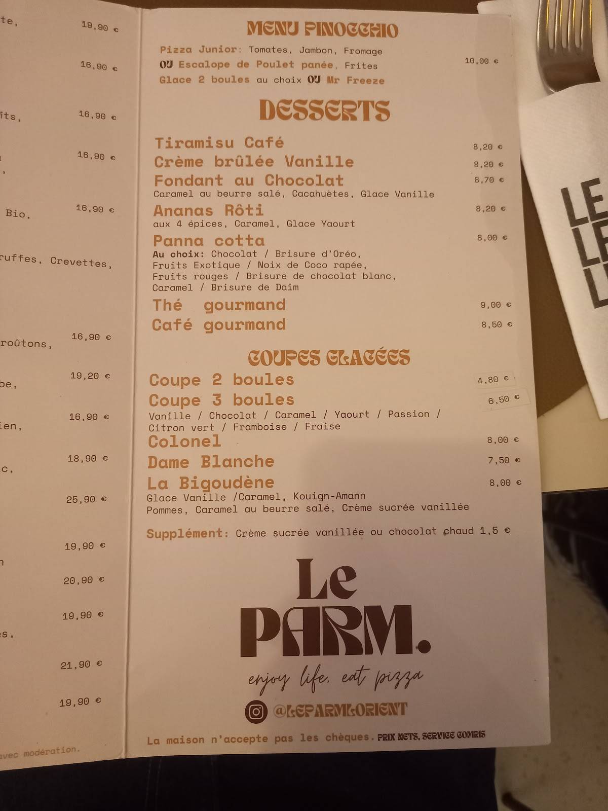 Menu de Le Parm