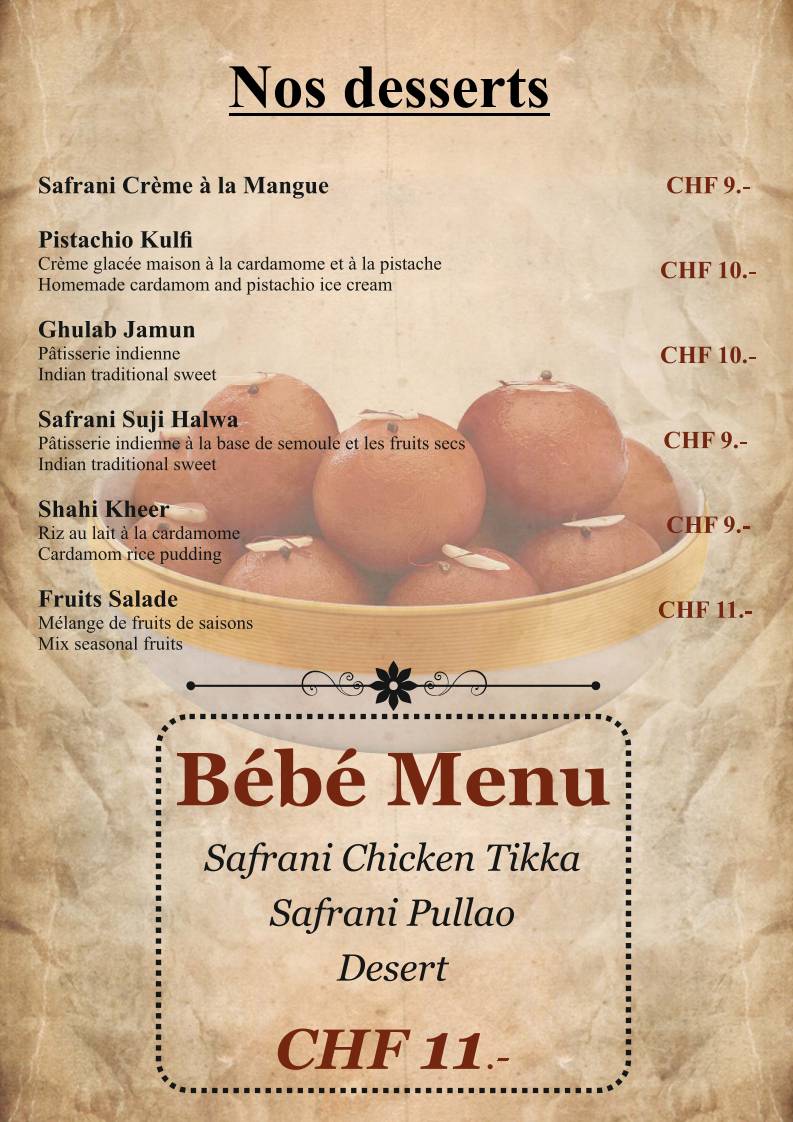 Menu di Le Safran - Restaurant Indien à Genève 