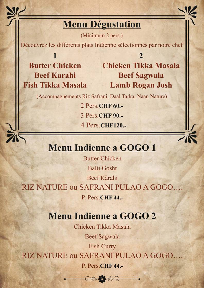 Menu di Le Safran - Restaurant Indien à Genève 