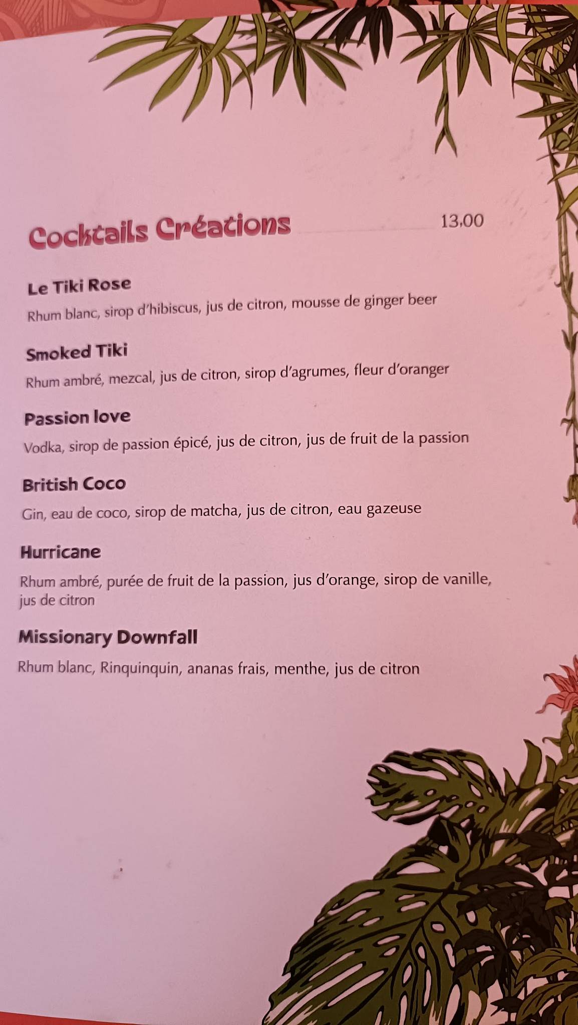 Menu au Le Tiki Rose restaurant, Paris