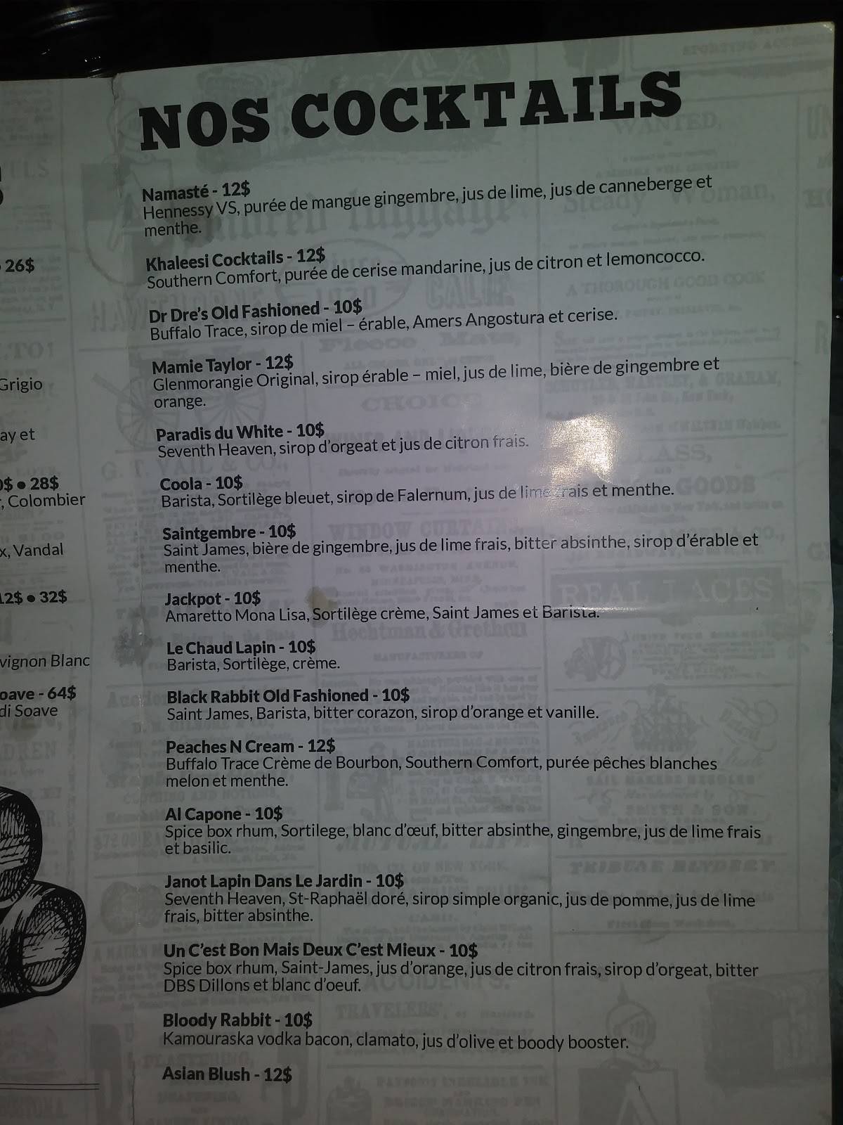 Menu de Le White Rabbit