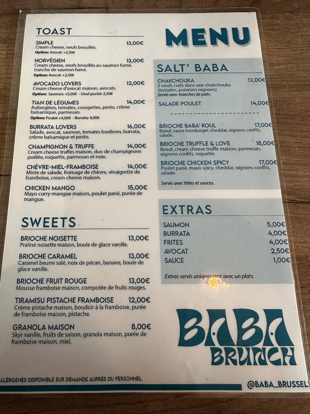 Menu de BABA BRUNCH (L’ESSENTIEL)